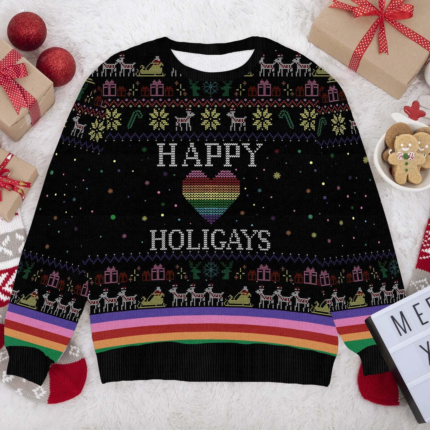 Happy Holigays Christmas Sweater - Funny LGBTQ+ Pride Ugly Xmas Sweater - Festive Holiday Pullover with Rainbow