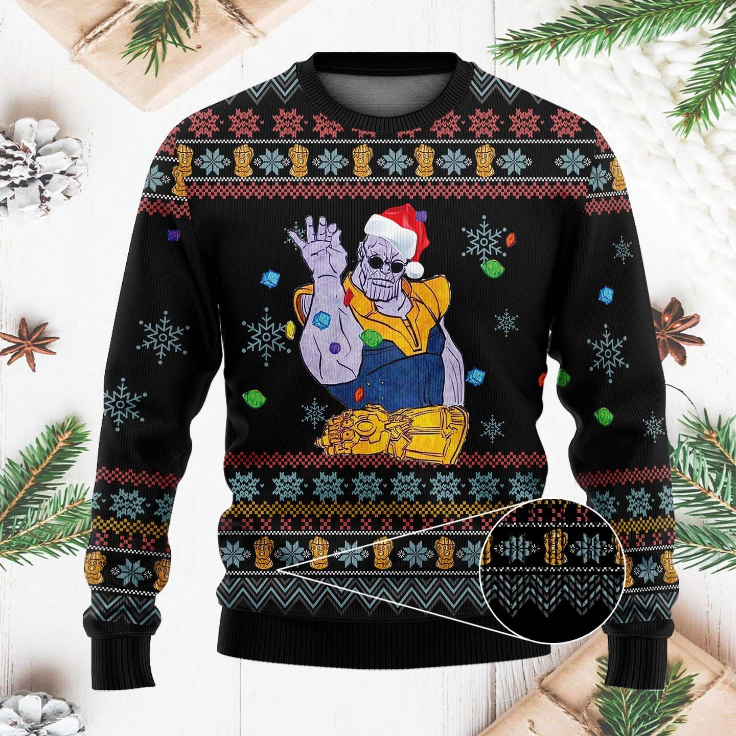 Funny Thanos Christmas Sweater - Infinity Gauntlet Ugly Xmas Sweater - Festive Holiday Pullover for Superhero Fans
