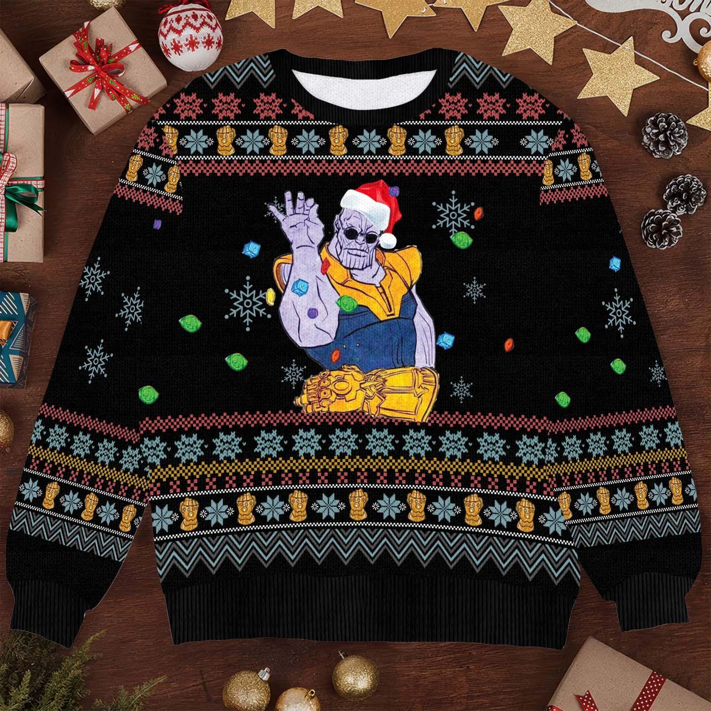 Funny Thanos Christmas Sweater - Infinity Gauntlet Ugly Xmas Sweater - Festive Holiday Pullover for Superhero Fans