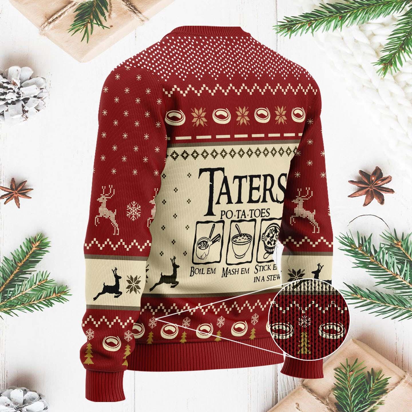 Funny Taters Ugly Christmas Sweater - Lord of the Rings Inspired Holiday Sweater - Boil Em Mash Em Stick Em in a Stew Gift Knit
