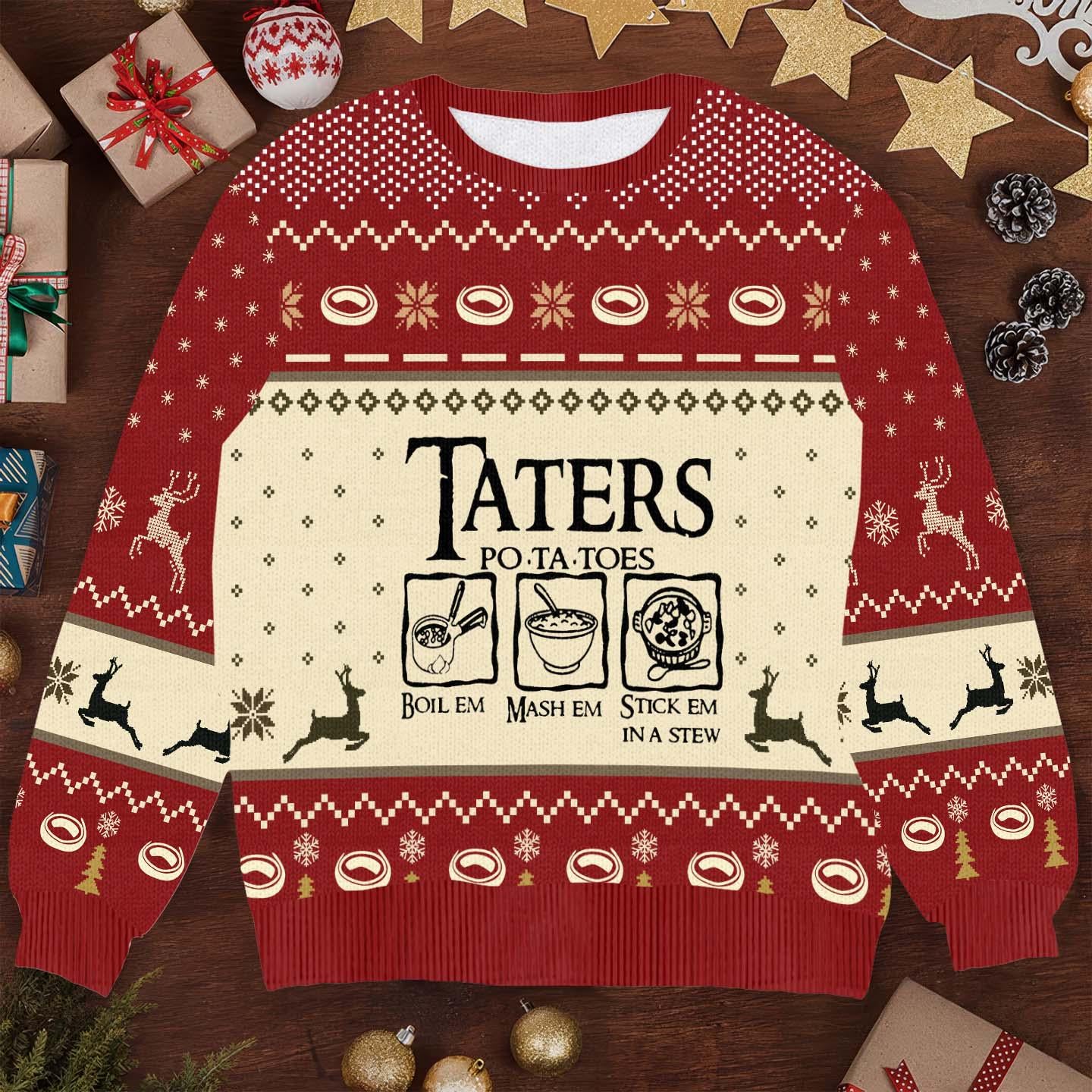 Funny Taters Ugly Christmas Sweater - Lord of the Rings Inspired Holiday Sweater - Boil Em Mash Em Stick Em in a Stew Gift Knit