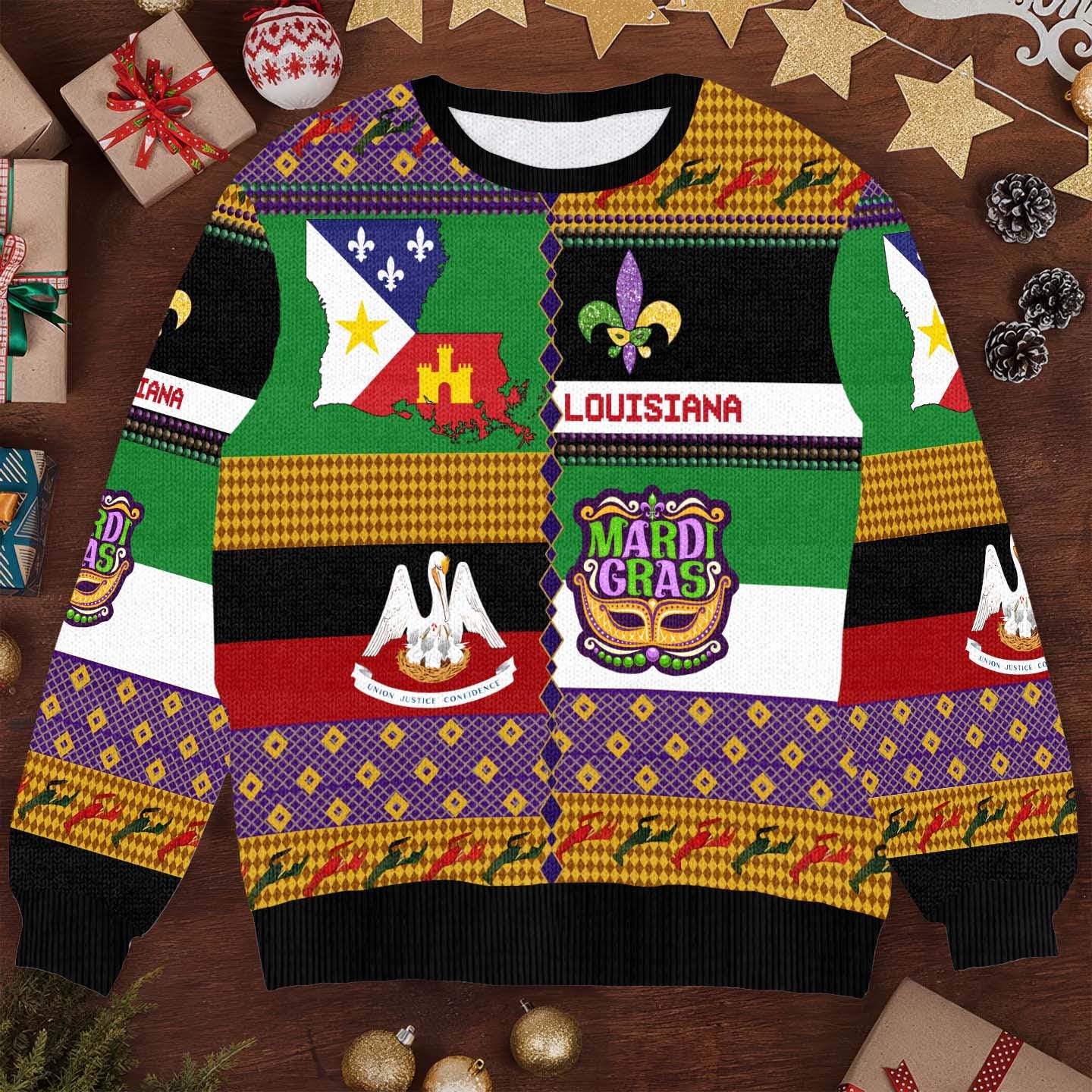 Louisiana Mardi Gras Ugly Christmas Sweater  Festive Southern Heritage Knit
