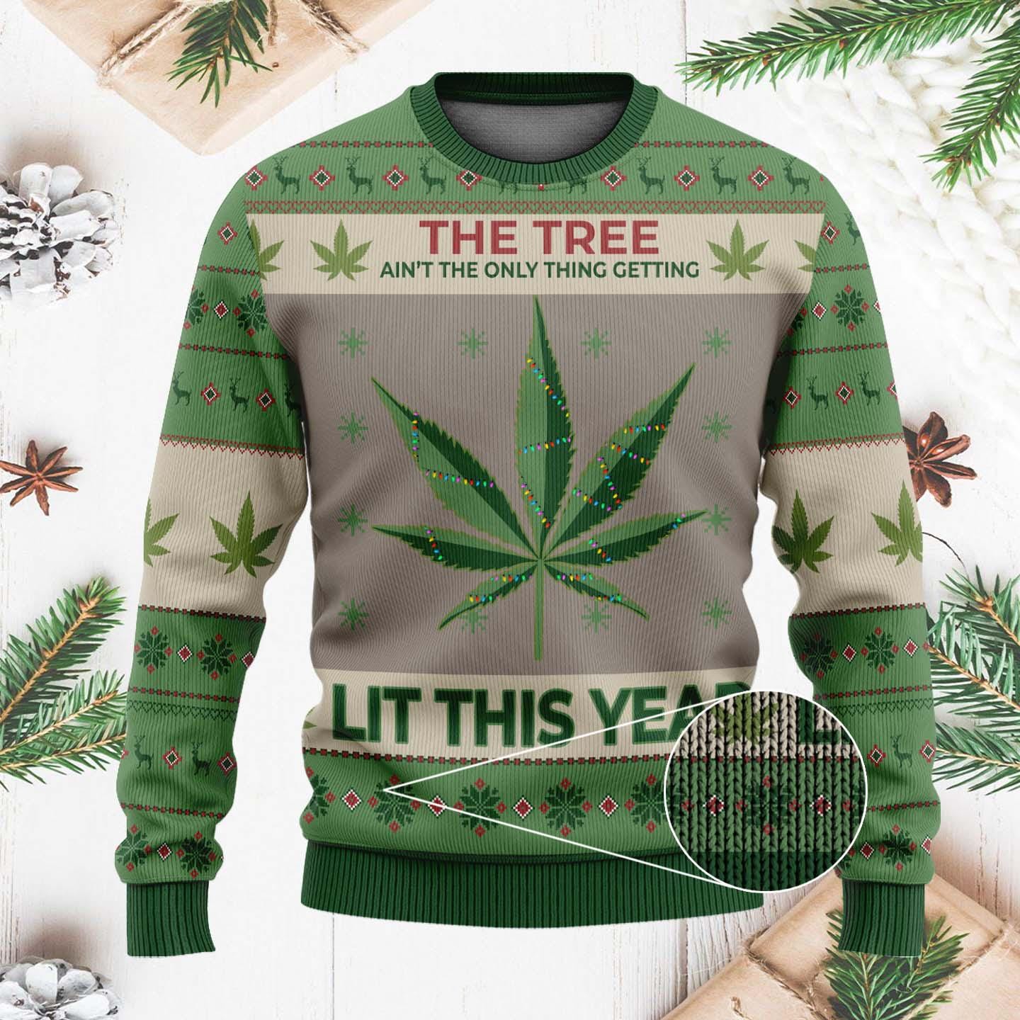 Hobby New Lit This Year Weed Ugly Christmas Sweater, Funny Cannabis Xmas Sweater, Weed Lovers Holiday Sweater