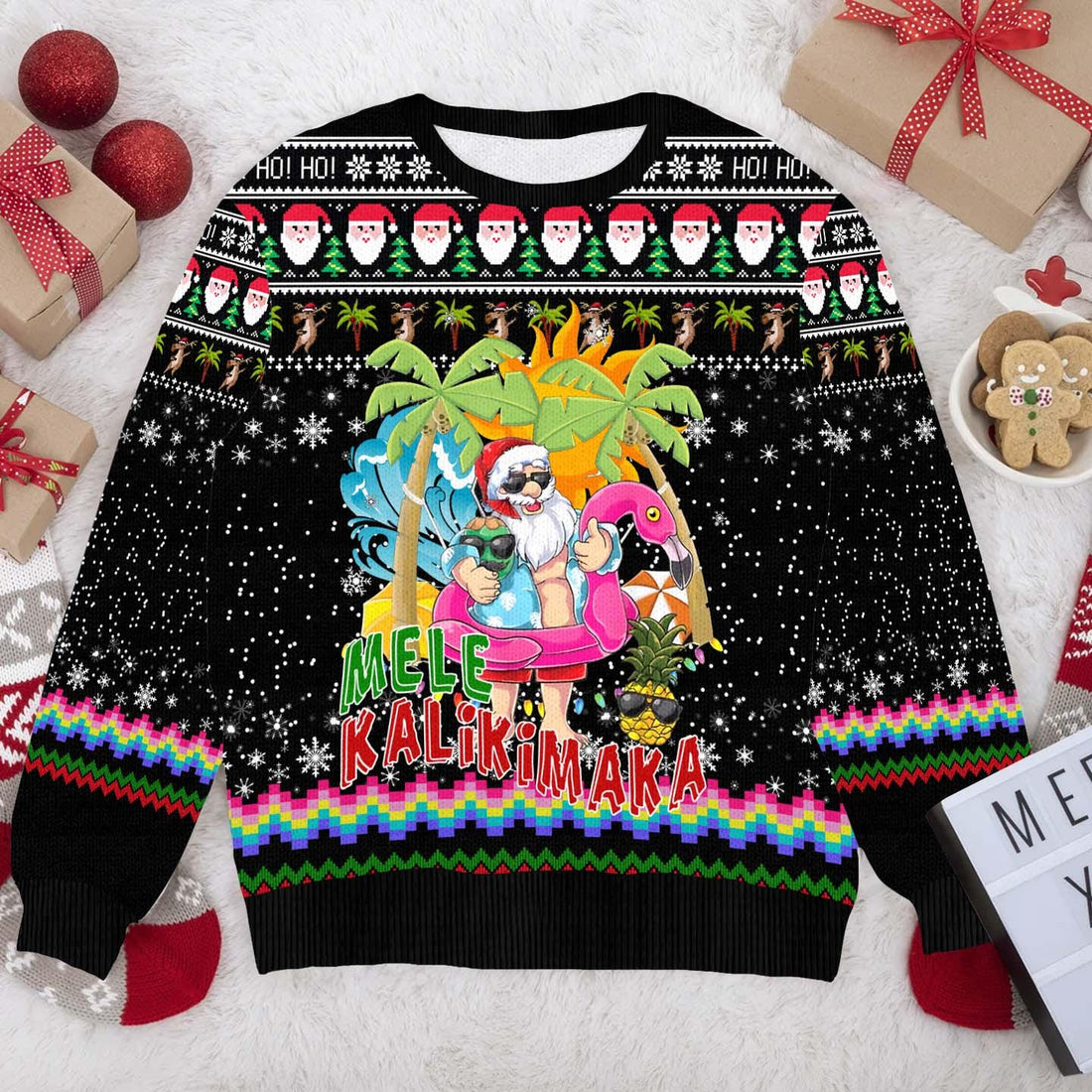 Hawaiian Santa Claus Mele Kalikimaka Ugly Christmas Sweater, Funny Hawaiian Santa Xmas Sweater,