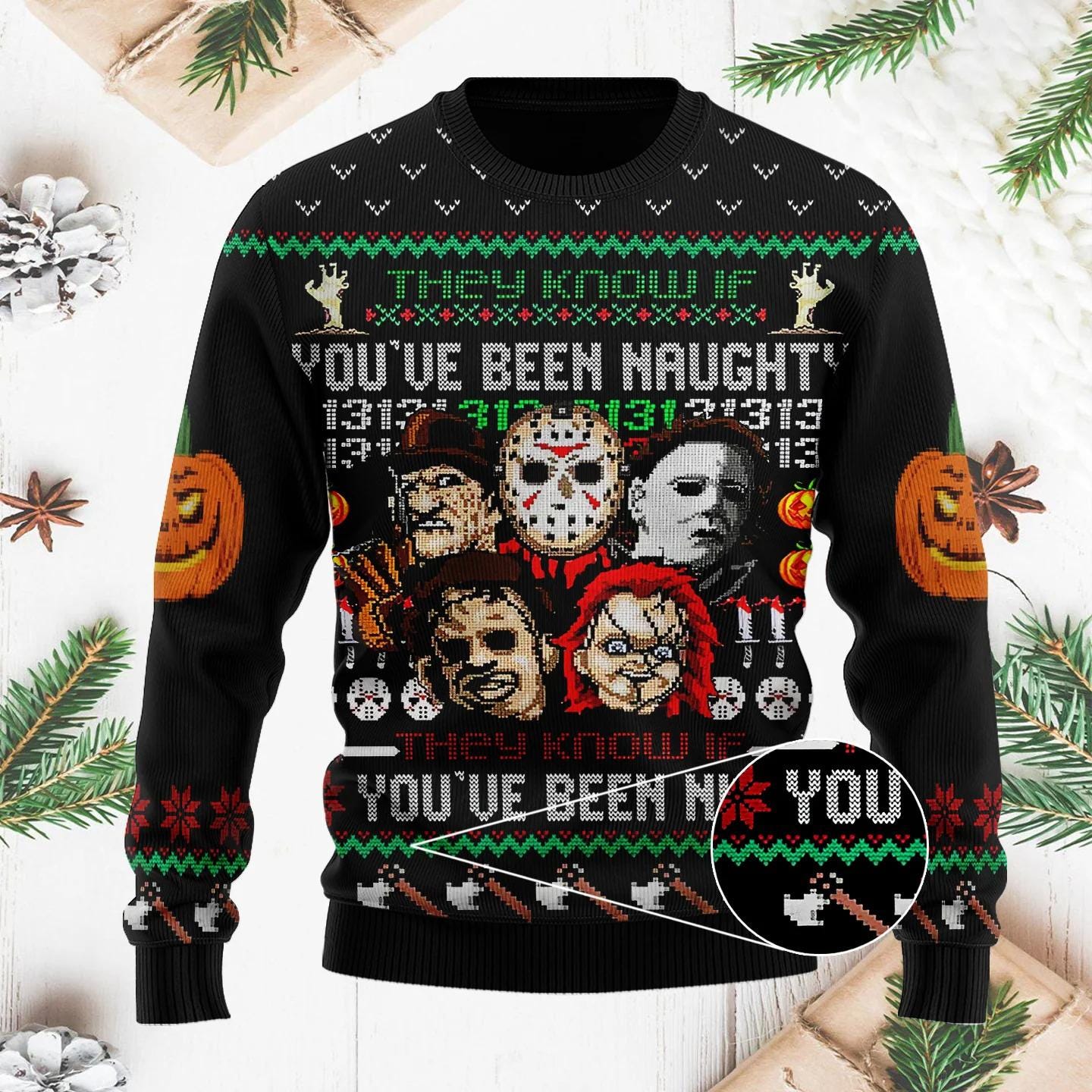 Horror They Know If Youve Been Naughty Ugly Christmas Sweater  Scary Movie Villains Festive Holiday Sweater for Horror Fans