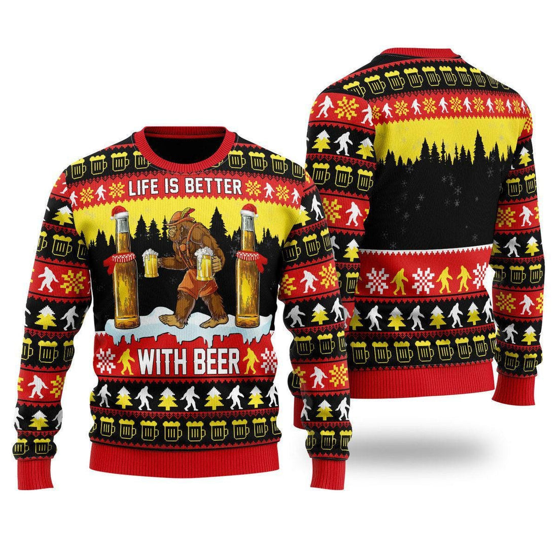 Life Is Better With Beer Ugly Christmas Sweater - Funny Bigfoot Beer Holiday Jumper - Festive Sweater for Beer Lovers