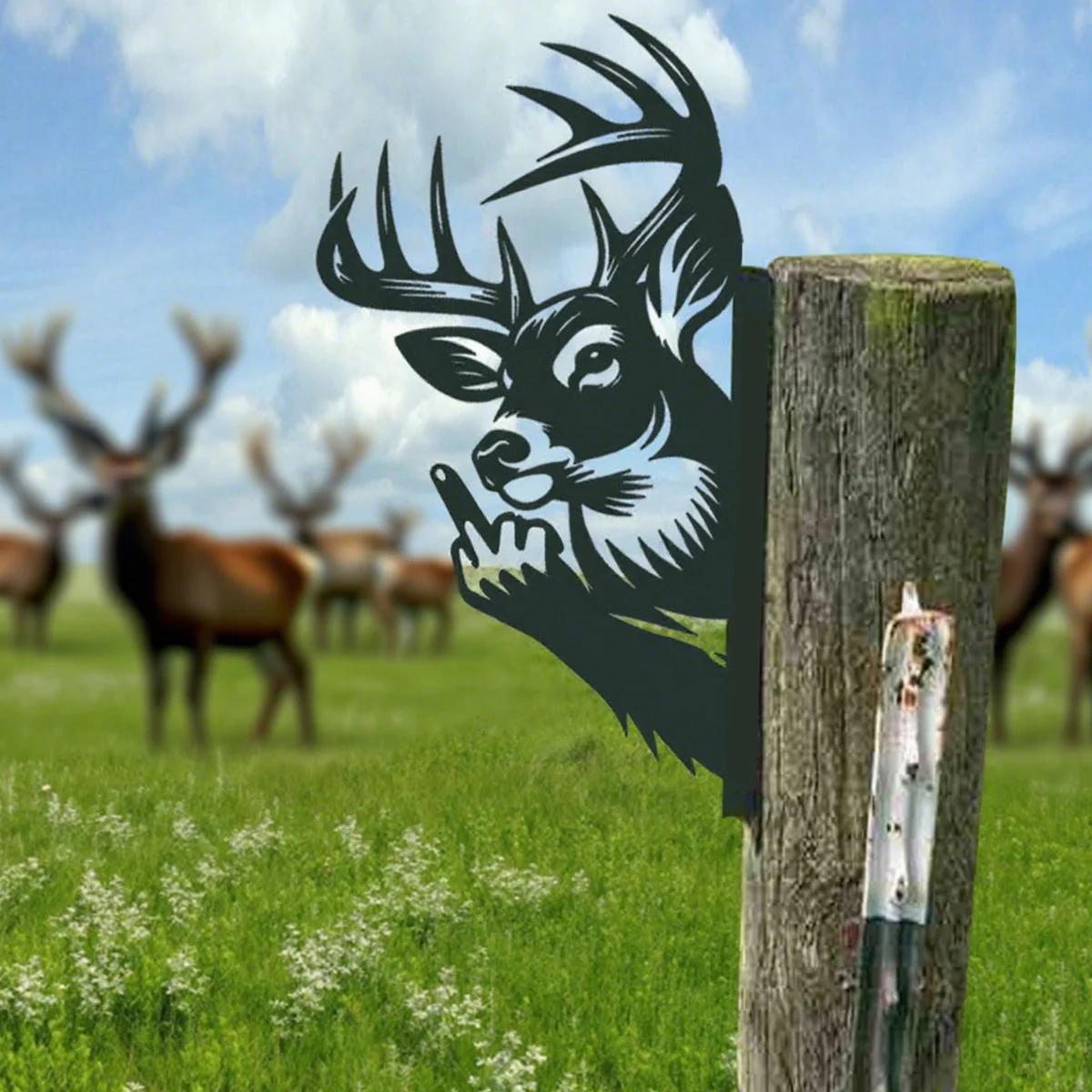 Peeping Deer Funny Finger Metal Sign Peek-A-Boo Flipping Off Deer Outdoor Deer Hunting Lover Camping Cabin Decor, Gift for Dad Papa Husband