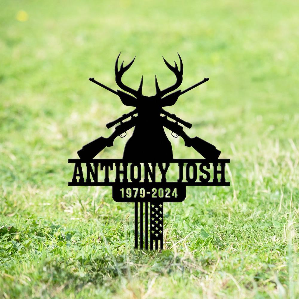 Personalized Hunting Memorial Metal Stake Grave Marker, Loss of Papa Pop Pop, Deer Hunter Tribute Sign, Outdoor Yard Decor, American Flag