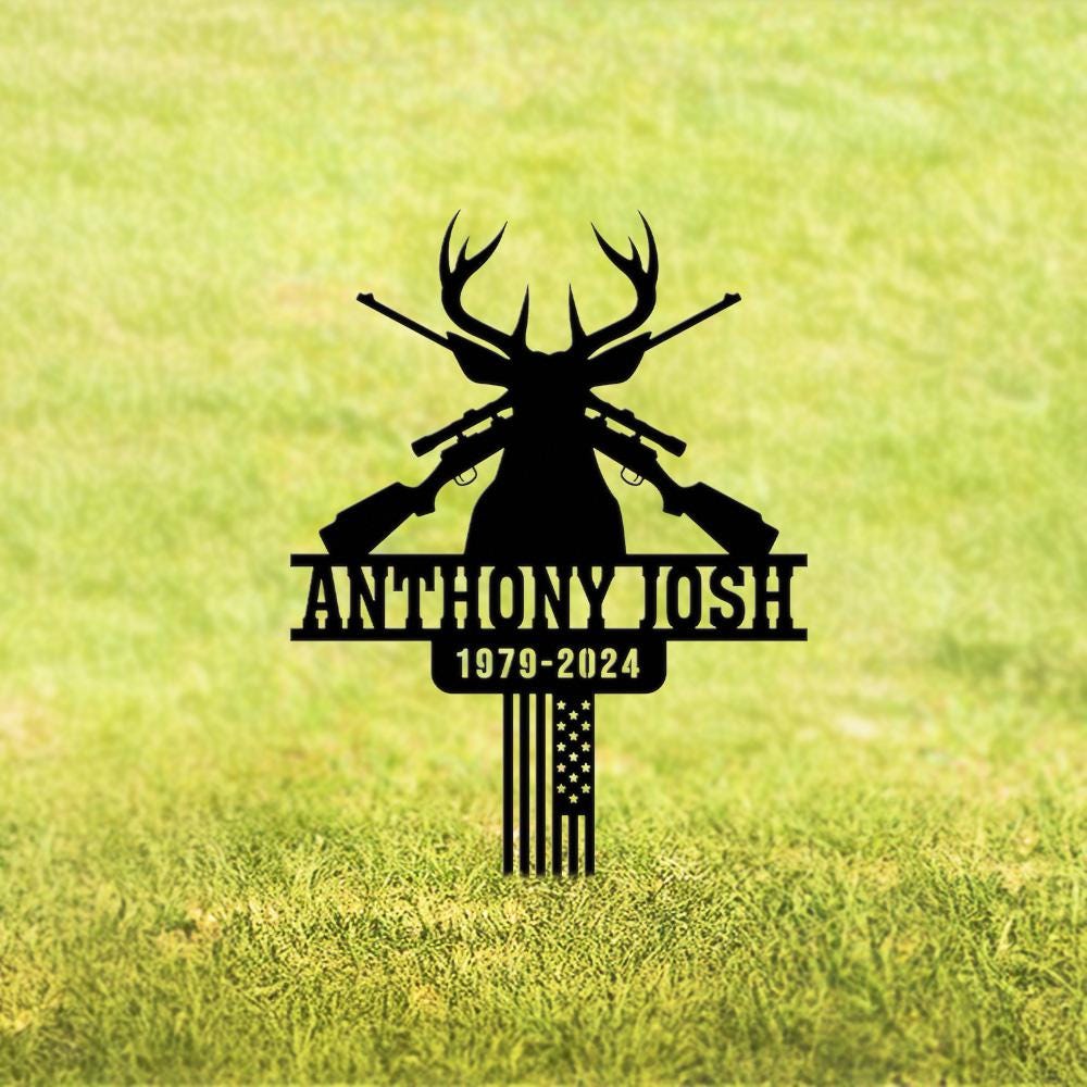 Personalized Hunting Memorial Metal Stake Grave Marker, Loss of Papa Pop Pop, Deer Hunter Tribute Sign, Outdoor Yard Decor, American Flag