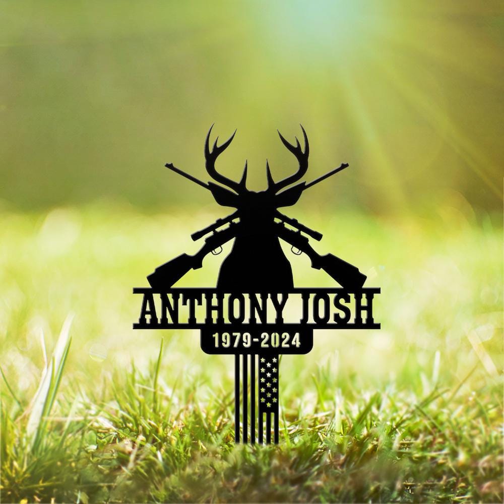 Personalized Hunting Memorial Metal Stake Grave Marker, Loss of Papa Pop Pop, Deer Hunter Tribute Sign, Outdoor Yard Decor, American Flag