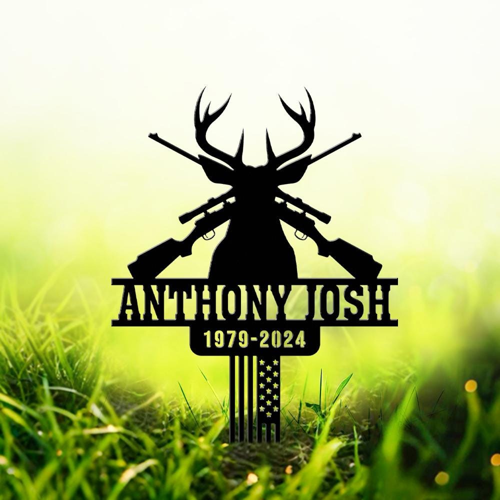 Personalized Hunting Memorial Metal Stake Grave Marker, Loss of Papa Pop Pop, Deer Hunter Tribute Sign, Outdoor Yard Decor, American Flag