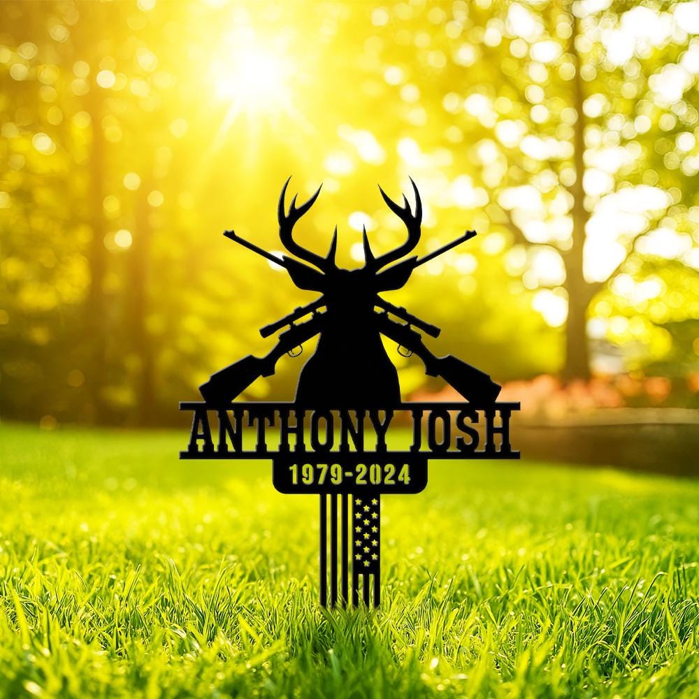 Personalized Hunting Memorial Metal Stake Grave Marker, Loss of Papa Pop Pop, Deer Hunter Tribute Sign, Outdoor Yard Decor, American Flag