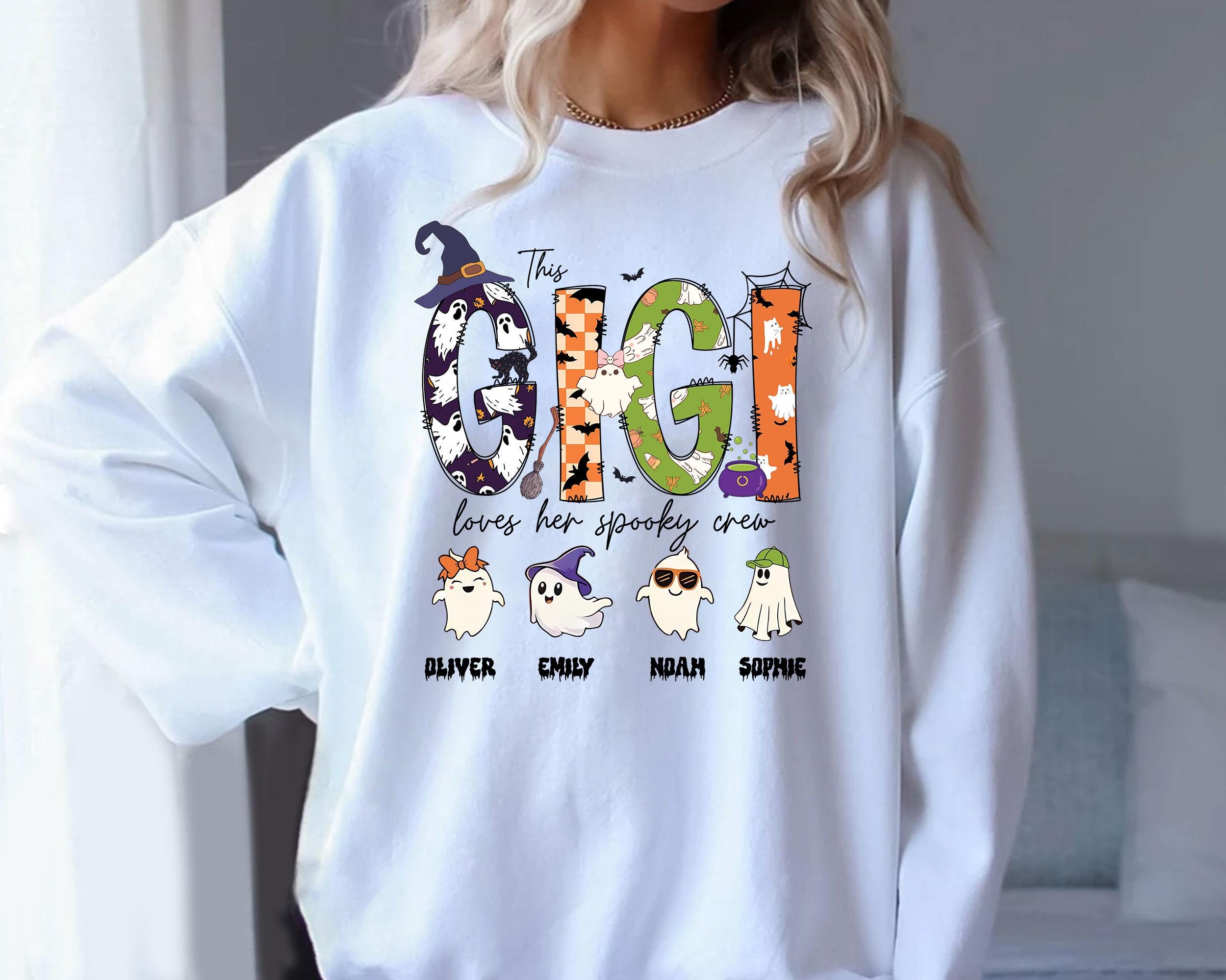 Custom Gigi Halloween Unisex T-Shirt Sweatshirt Hoodie, Halloween Gift for Gigi, Personalized Spooky Crew, Cute Ghost with Grandkid Names.