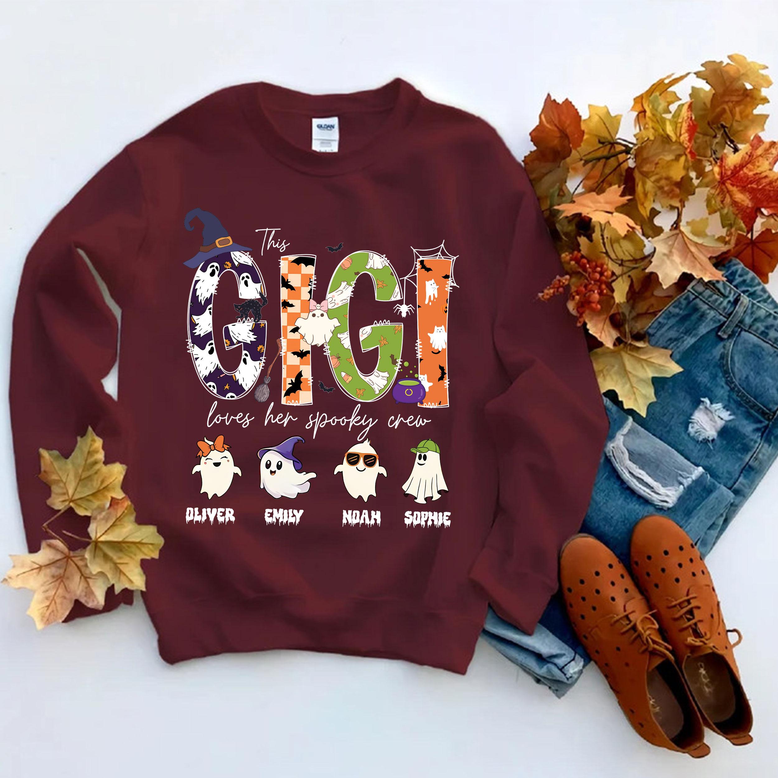 Custom Gigi Halloween Unisex T-Shirt Sweatshirt Hoodie, Halloween Gift for Gigi, Personalized Spooky Crew, Cute Ghost with Grandkid Names.