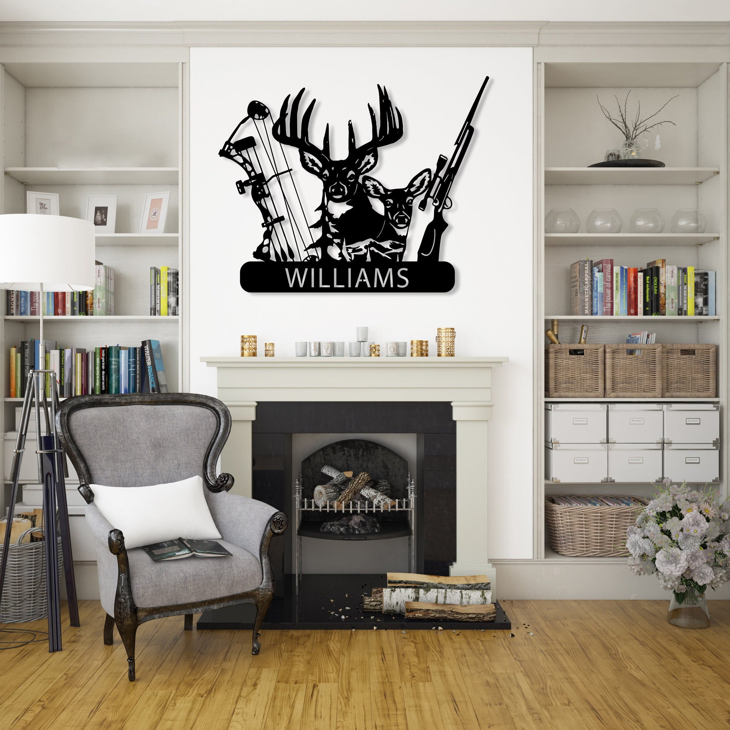 Personalized Deer Hunter Metal Wall Art, Custom Name Bow and Hunting Rifle Sign, Deer Hunting Wall Hanging, Hunter Gift