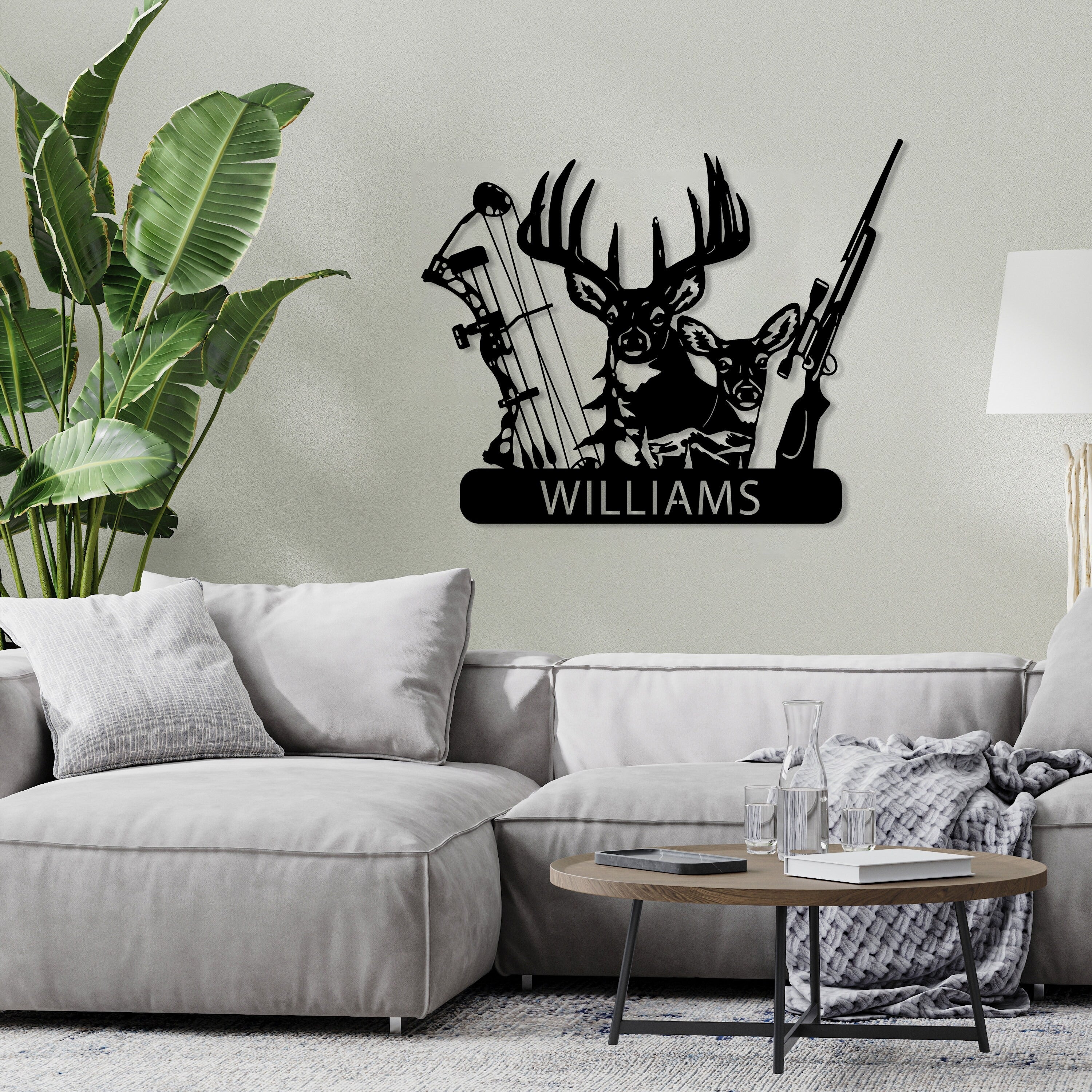 Personalized Deer Hunter Metal Wall Art, Custom Name Bow and Hunting Rifle Sign, Deer Hunting Wall Hanging, Hunter Gift