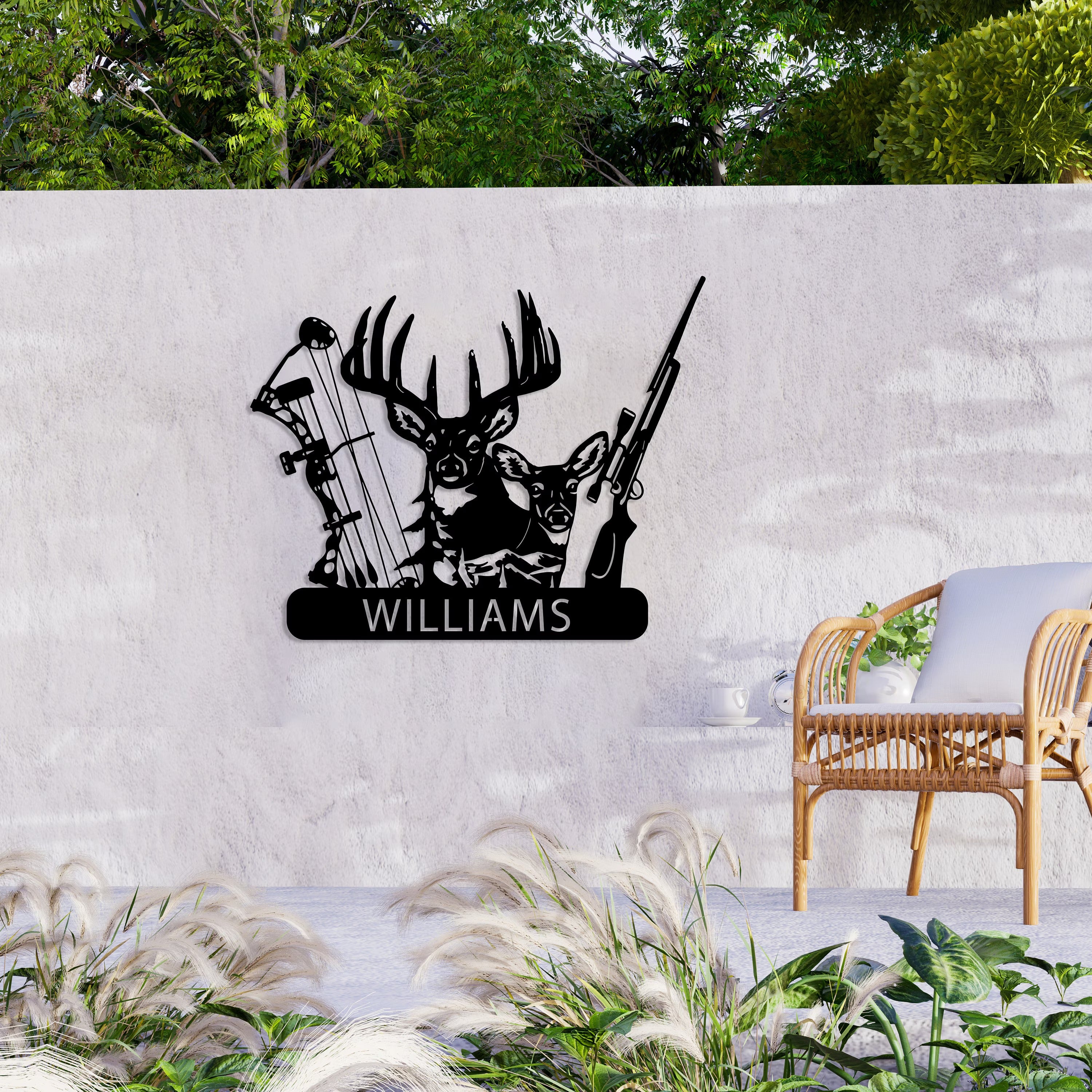 Personalized Deer Hunter Metal Wall Art, Custom Name Bow and Hunting Rifle Sign, Deer Hunting Wall Hanging, Hunter Gift