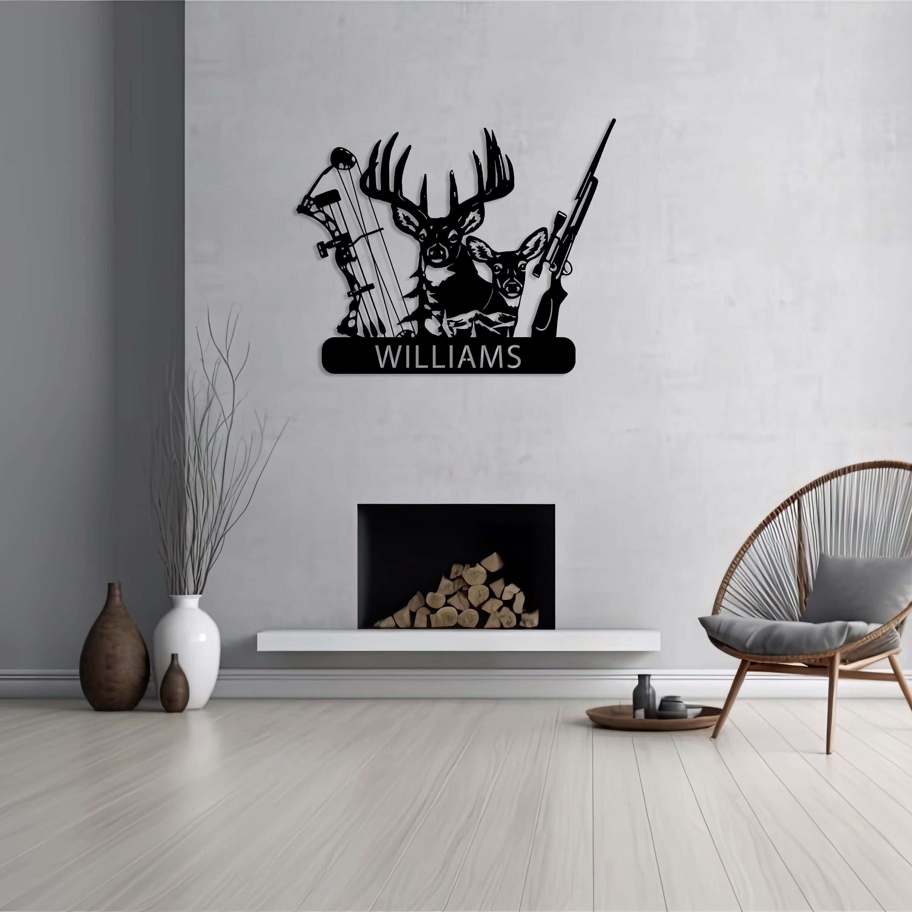 Personalized Deer Hunter Metal Wall Art, Custom Name Bow and Hunting Rifle Sign, Deer Hunting Wall Hanging, Hunter Gift
