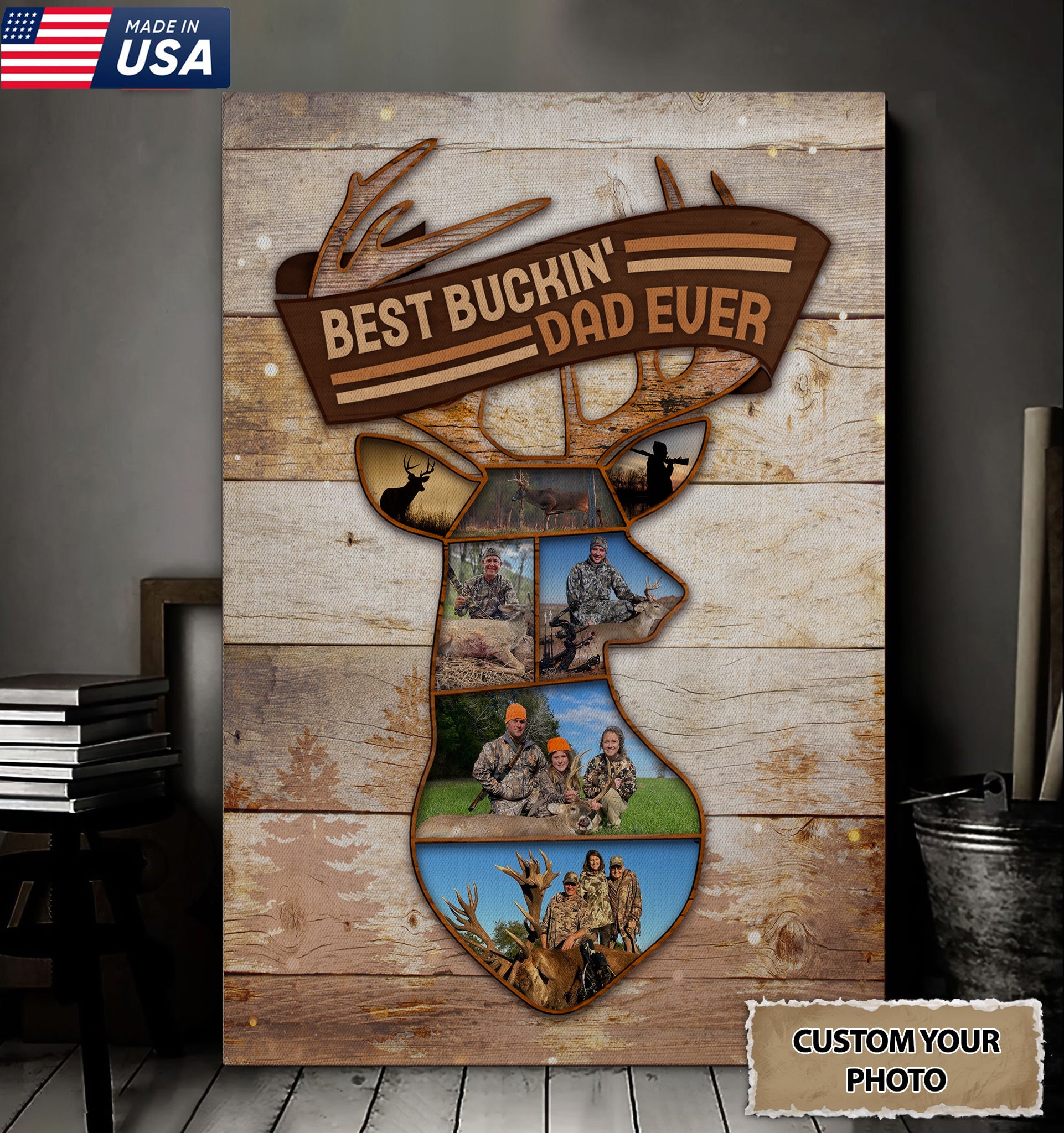 Personalized Best Buckin’ Dad Ever Hunting Photo Collage Canvas – Custom Deer Hunting Gift for Dad