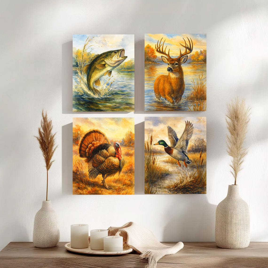 Set of 4 Hunting & Wildlife Canvas Wall Art – Bass, Deer, Turkey & Mallard – Rustic Cabin Lodge Décor
