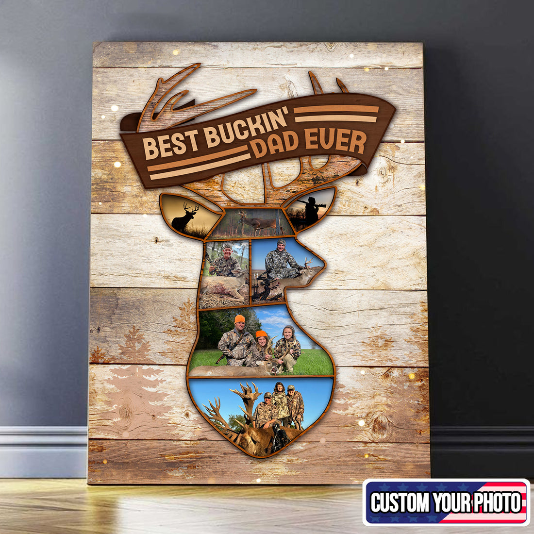 Personalized Best Buckin’ Dad Ever Hunting Photo Collage Canvas – Custom Deer Hunting Gift for Dad