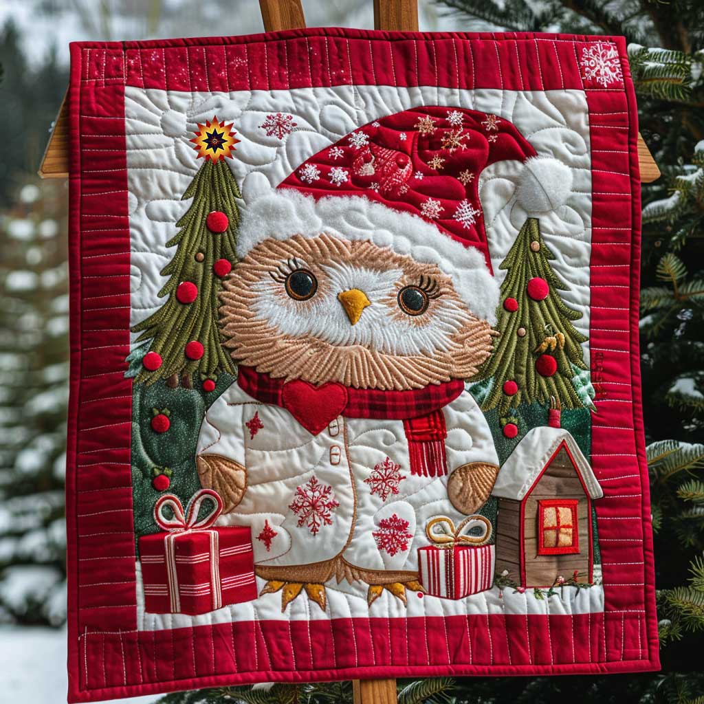 Adorable Little Owl Christmas Quilt Blanket