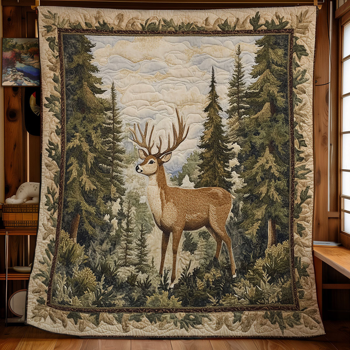 Deer In Pine Tree Quilt Blanket