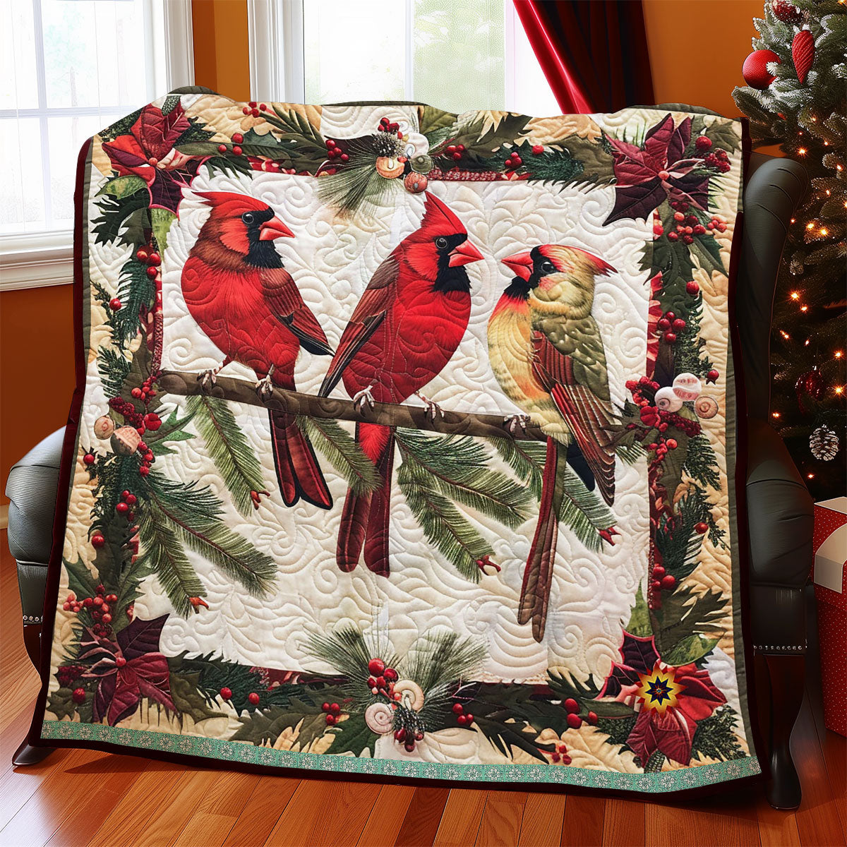 Christmas Cardinal Bird Festive Glow Quilt Blanket