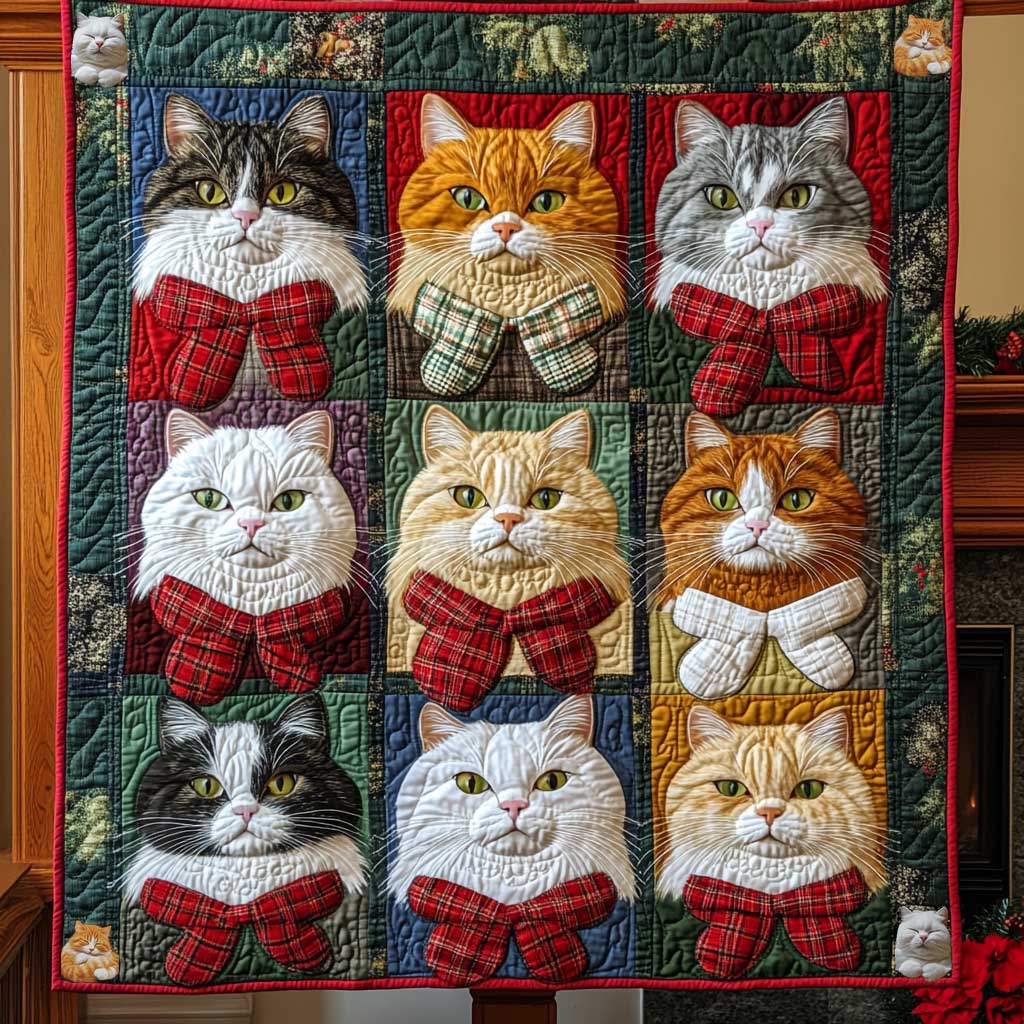 Adorable Christmas Cat Quilt Blanket