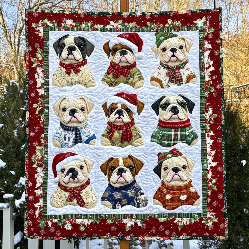 Bulldog Christmas Festive Glow Quilt Blanket
