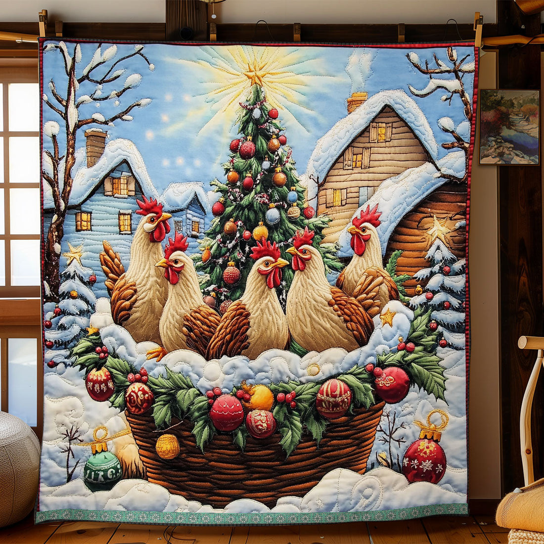 Chicken Christmas Snowy Evening Quilt Blanket