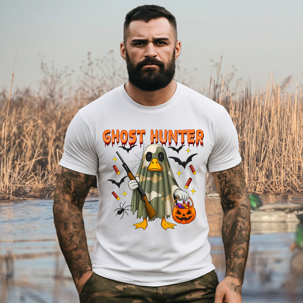 Spooky Duck Hunter T-Shirt – Camo Ghost with Pumpkin & Gun – Halloween Gift