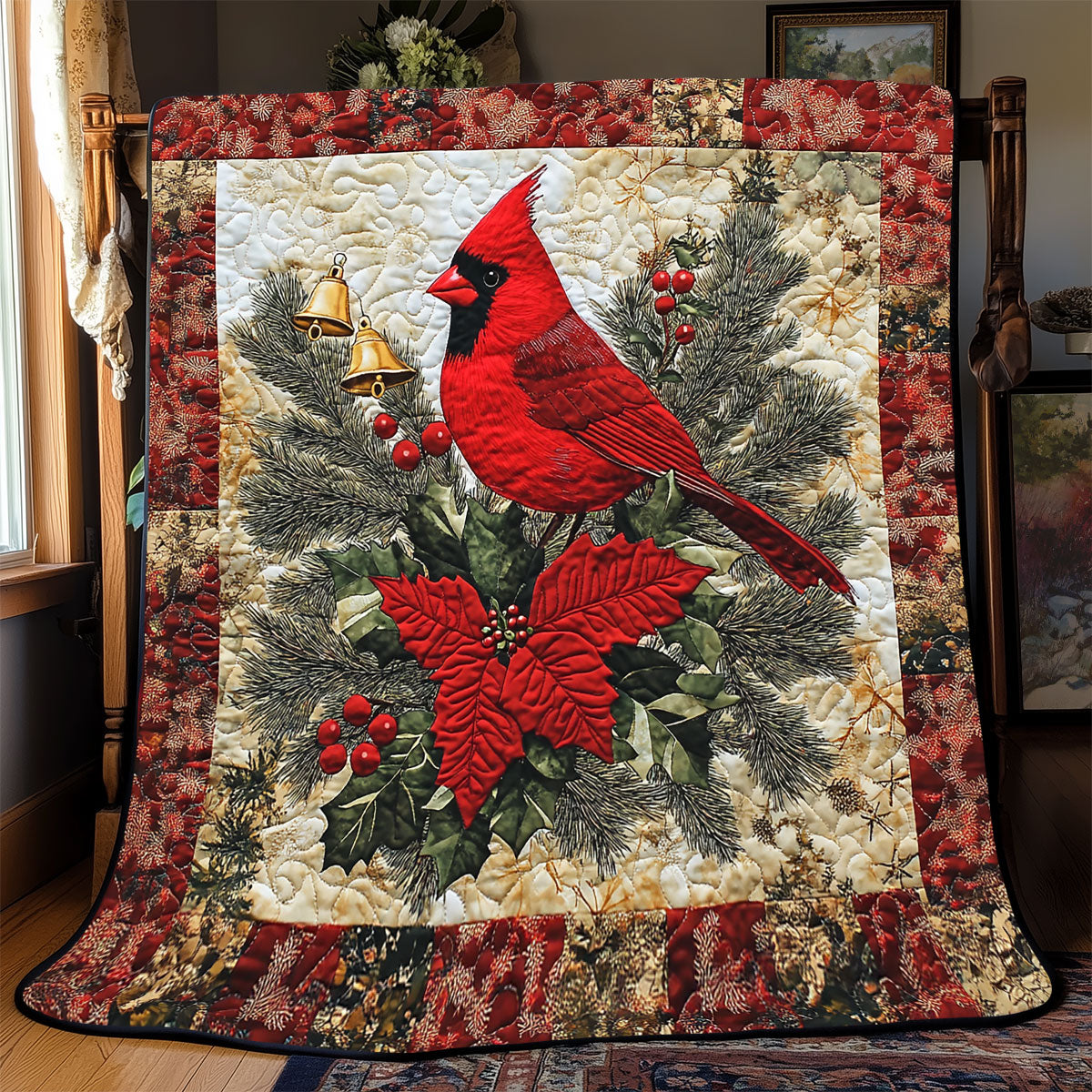 Cardinal Poinsettia Snowy Evening Quilt Blanket