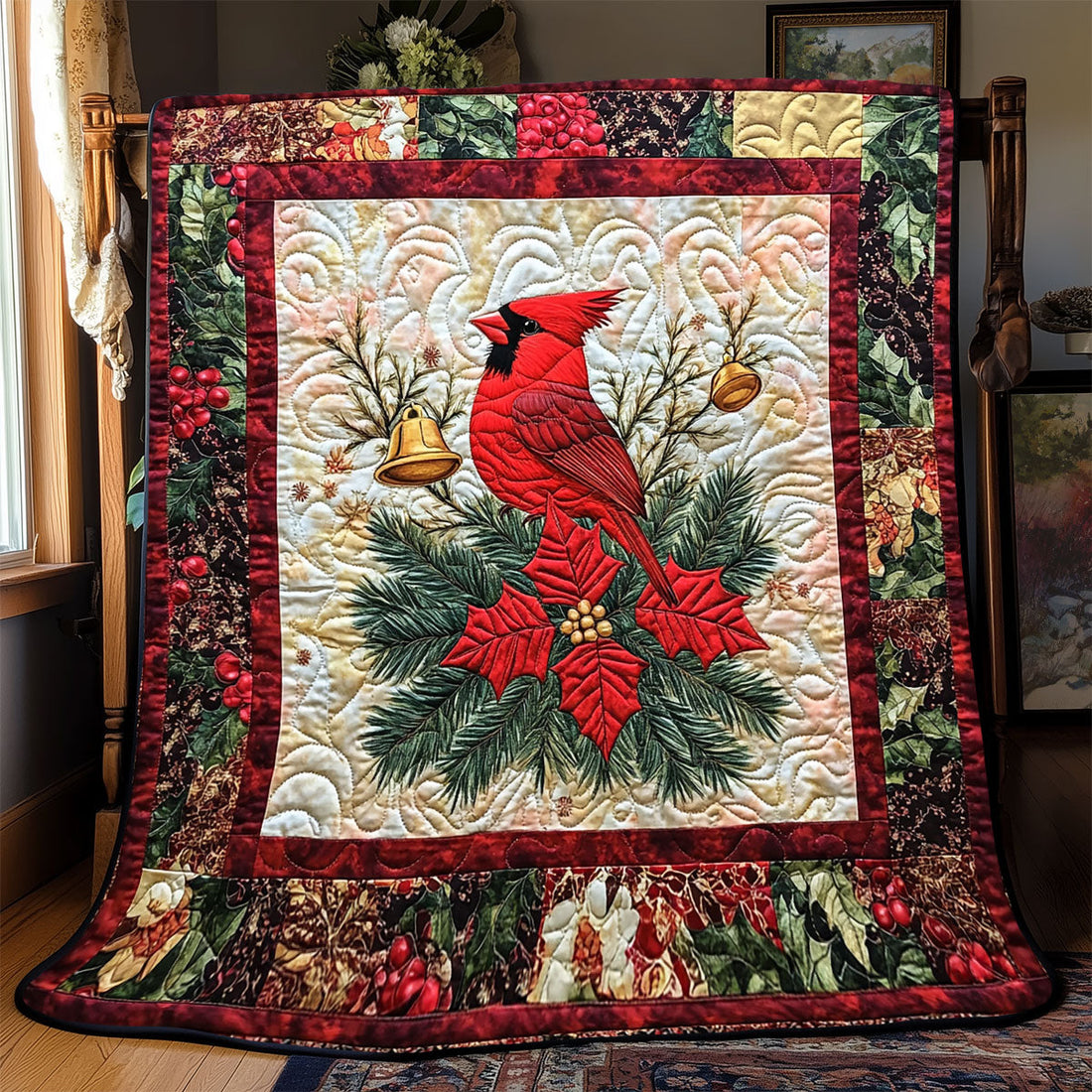 Cardinal Poinsettia Festive Glow Quilt Blanket