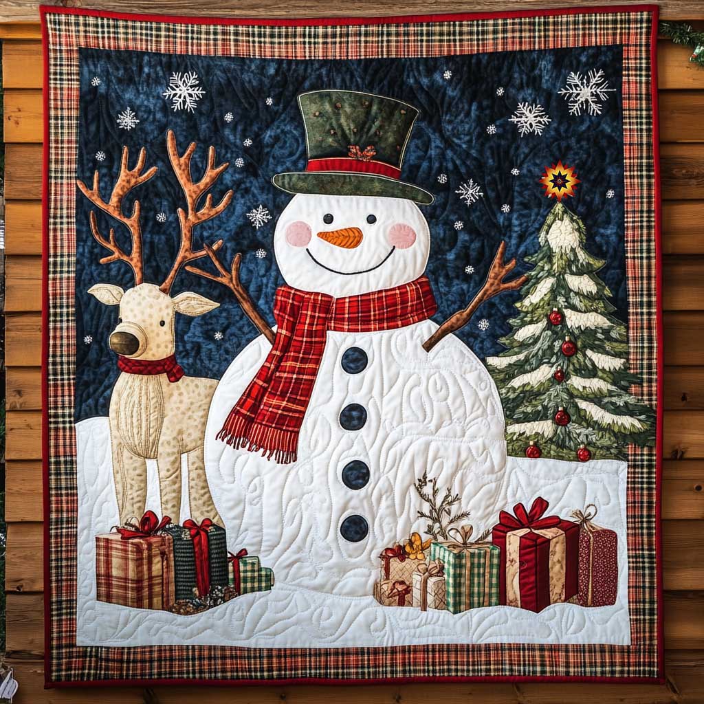 Reindeer Snowman Christmas Night Quilt Blanket