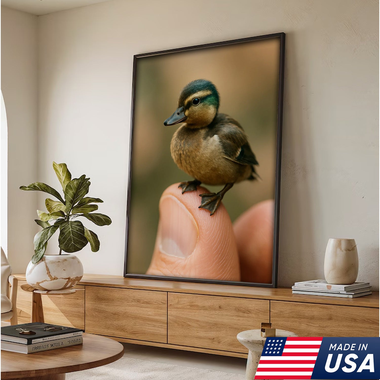 Cute Baby Duck Canvas Wall Art - Adorable Duckling Perched on Finger - Nature Wildlife Artwork for Home Decor