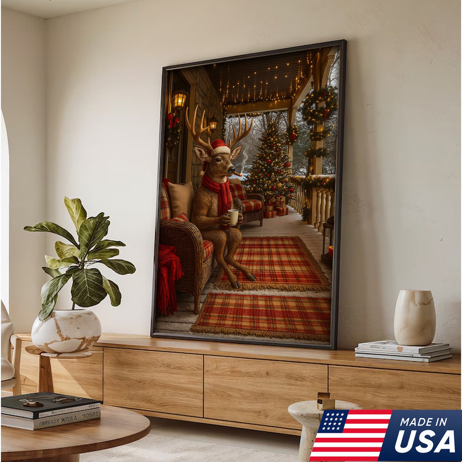 Christmas Deer Porch Canvas Wall Art, Cozy Cabin Reindeer With Scarf Holiday Print, Rustic Plaid Farmhouse Christmas Decor