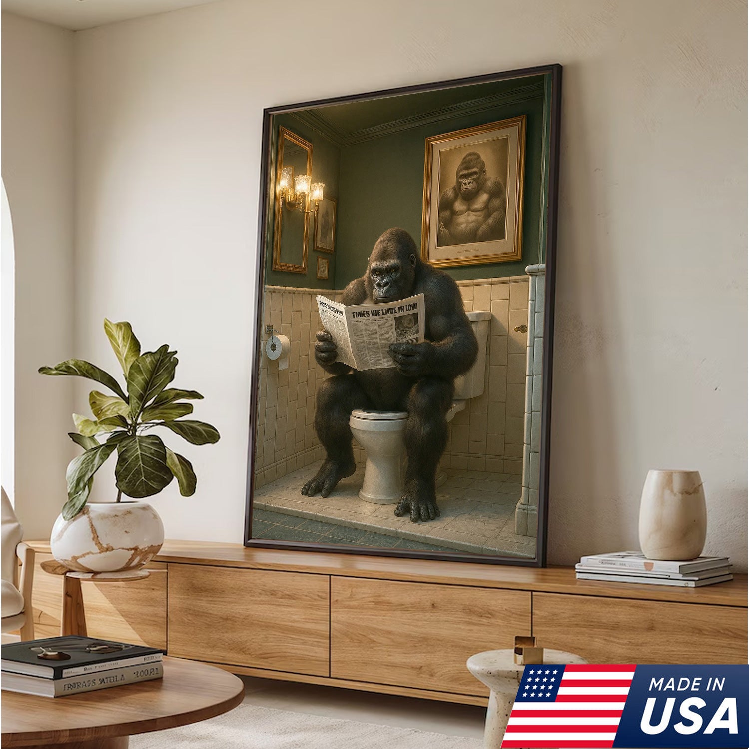 Funny Gorilla Bathroom Wall Art Canvas, Toilet Humor Decor for Men’s Restroom