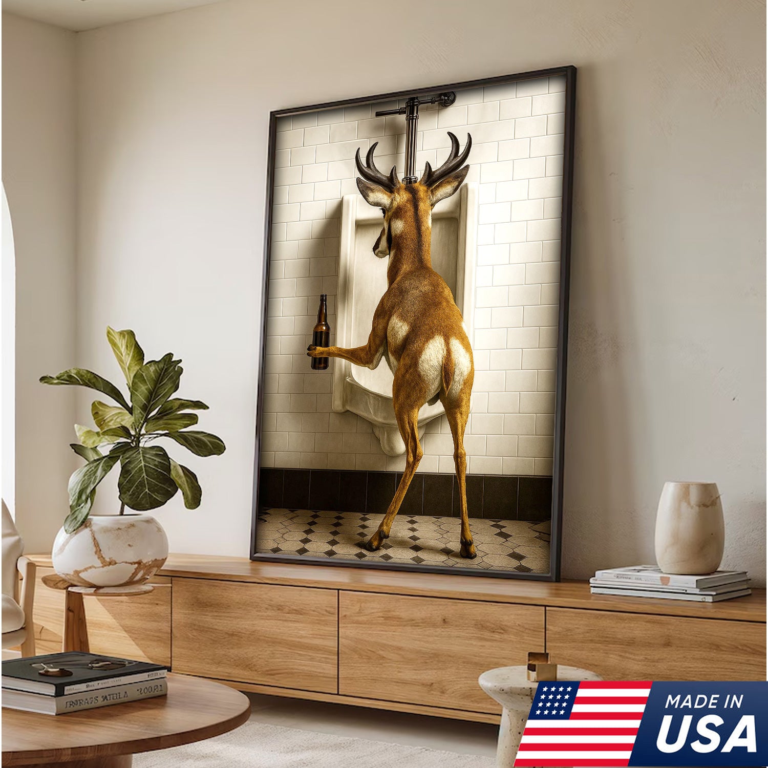 Funny Pronghorn Canvas Wall Art - Rustic Bathroom Lodge Decor for Hunters - Unique Wildlife Cabin Print