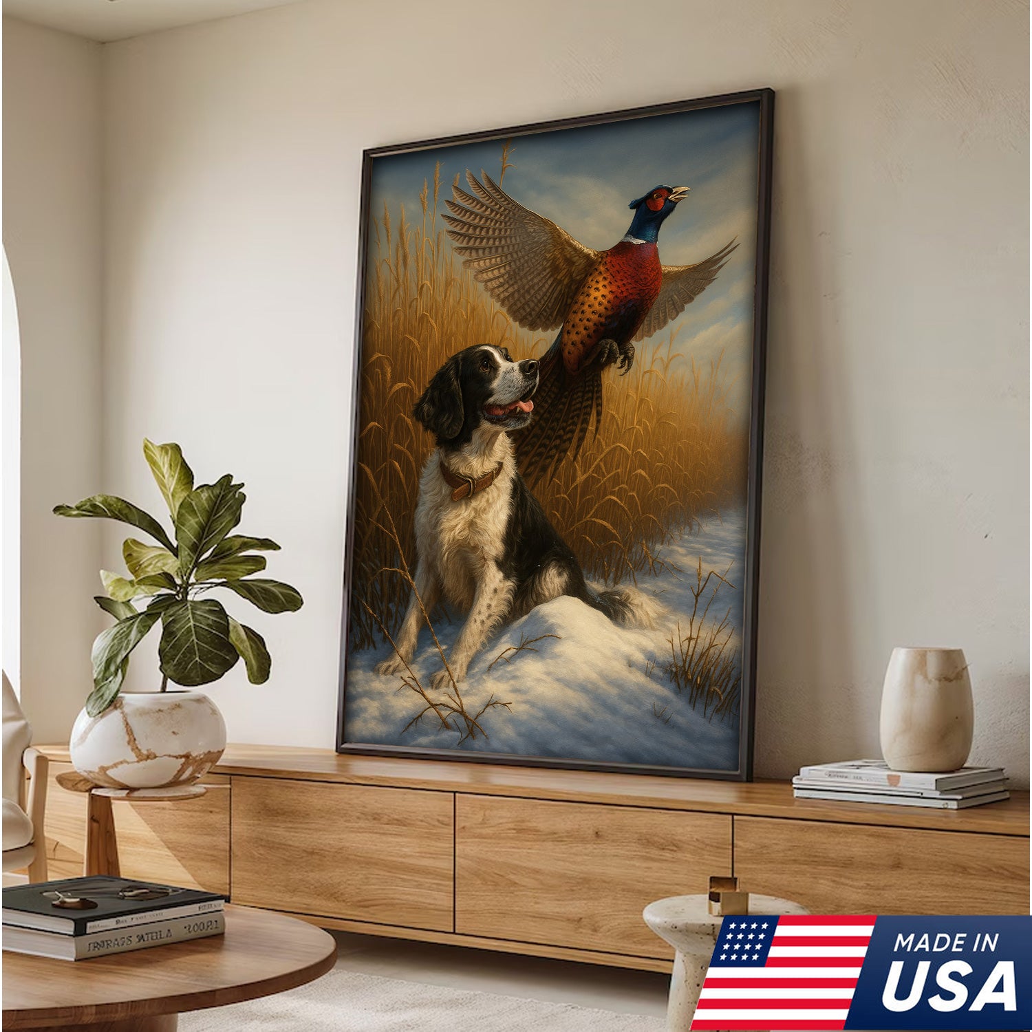 Hunting Dog & Pheasant in Winter Field Canvas – Classic Wildlife Wall Art for Lodge & Nature Decor