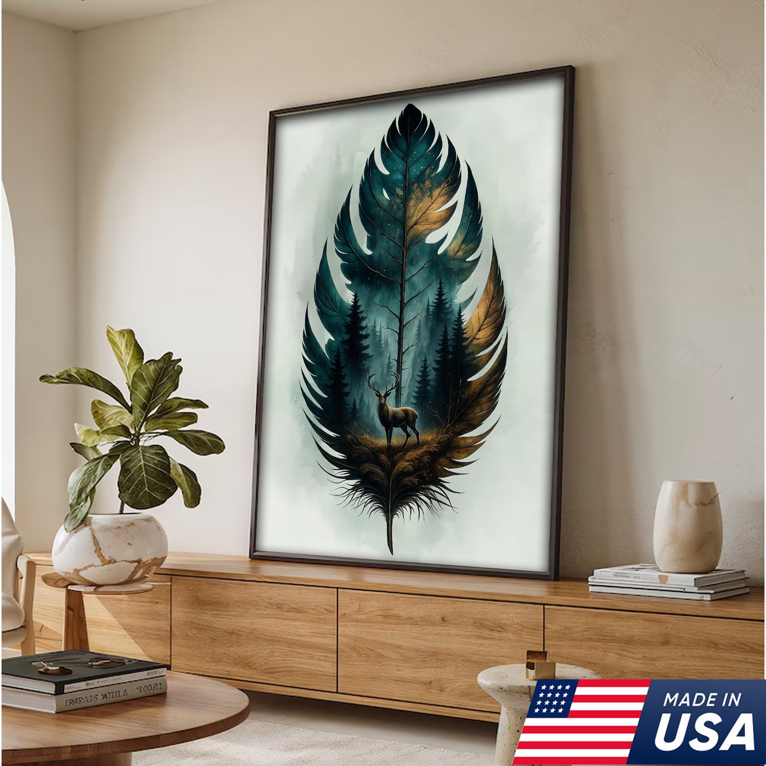 Rustic Deer And Feather Canvas Wall Art – Nature Forest Wildlife Print – Cabin & Lodge Hunting Decor