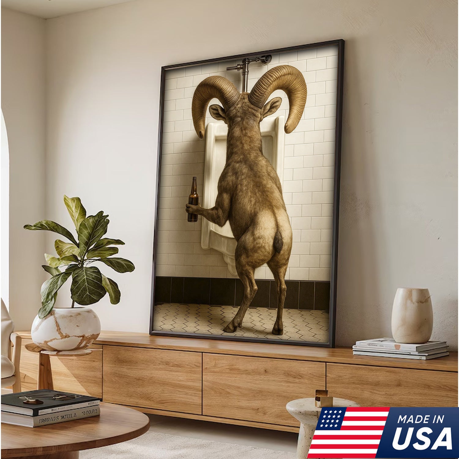 Humorous Big Horn Sheep Canvas Wall Art - Rustic Lodge Bathroom Decor for Cabin and Farmhouse - Wildlife Lover Gift