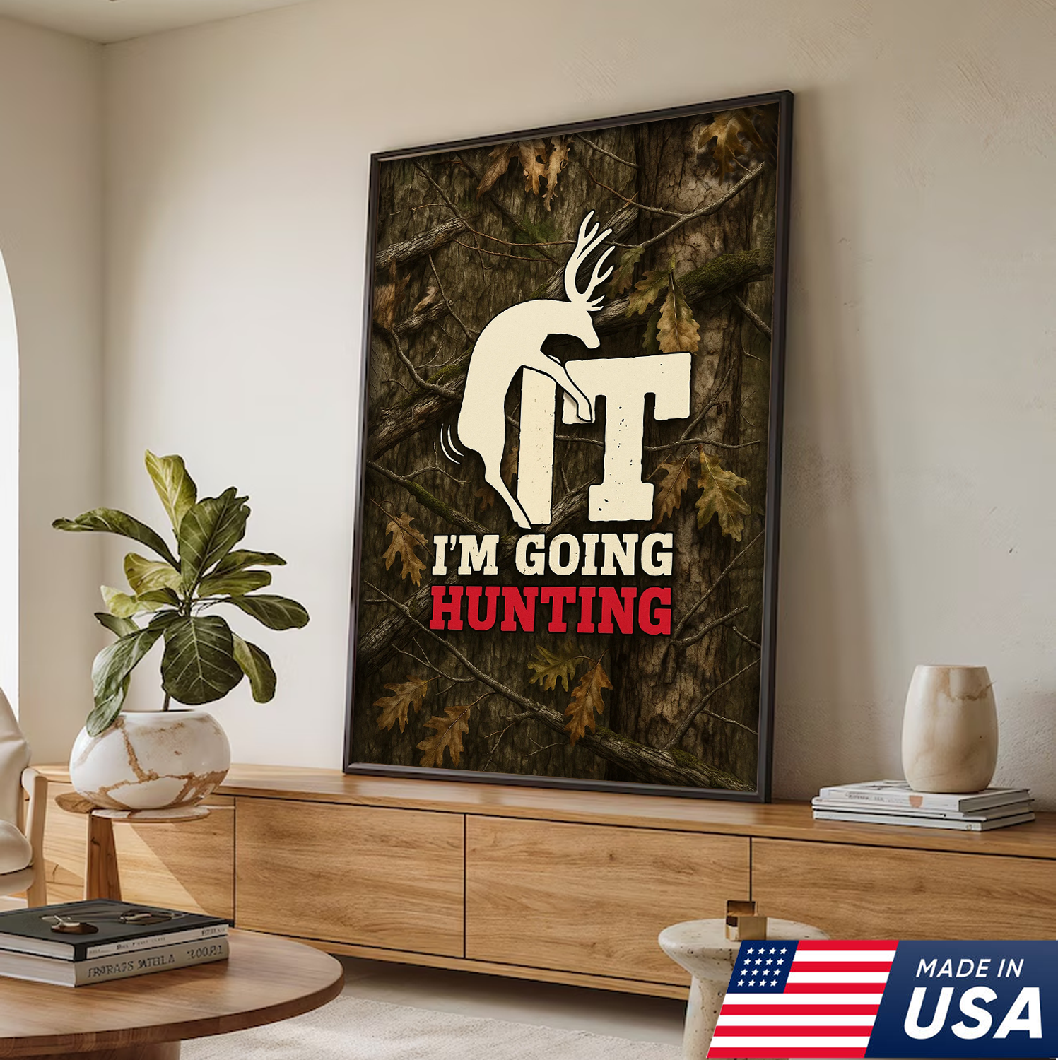 Funny Deer Hunting Canvas Wall Art - Rustic Camo Design for Hunters - Man Cave and Cabin Decor