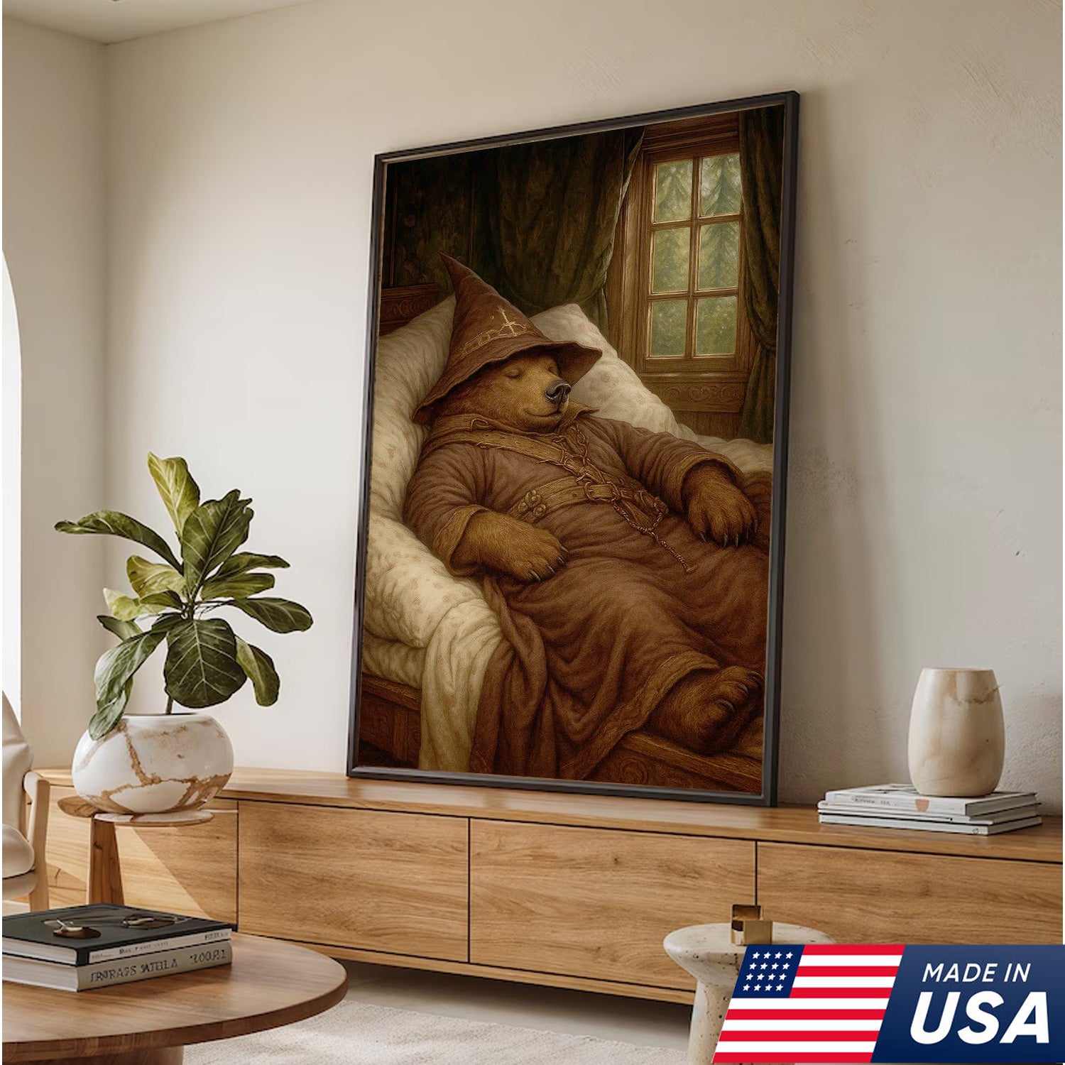 Sleeping Wizard Bear Canvas Wall Art, Cozy Fantasy Animal Poster