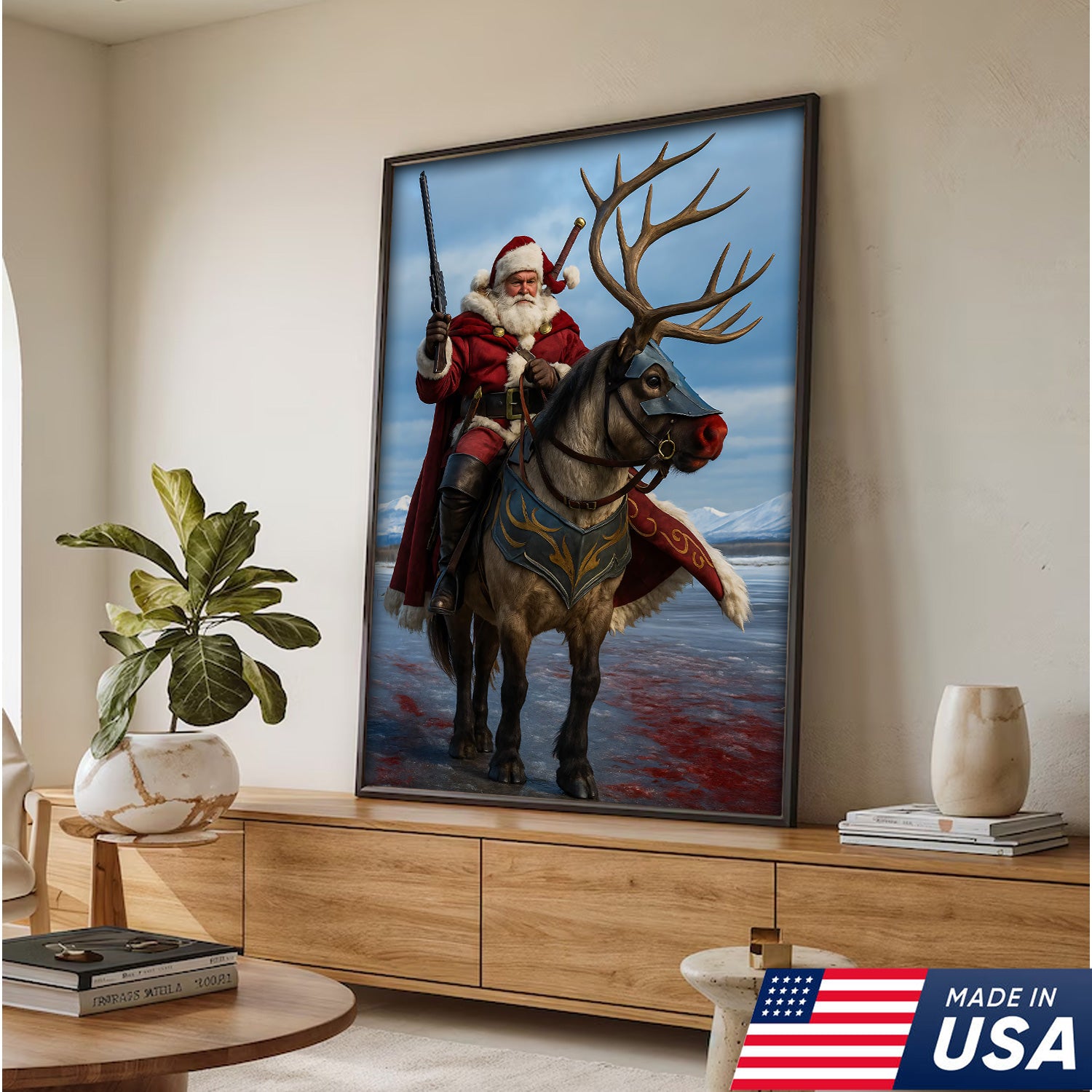 Epic Santa Riding Reindeer Canvas Wall Art, Fantasy Warrior Santa on Armored Reindeer Poster, Winter Christmas Wall Decor Print
