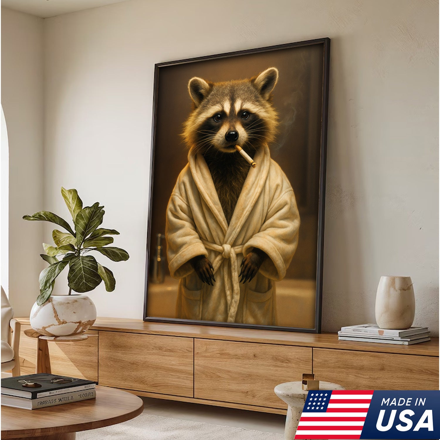 Hilarious Raccoon Bathrobe Canvas – Cozy Bathroom Humor Wall Art, Man Cave Decor