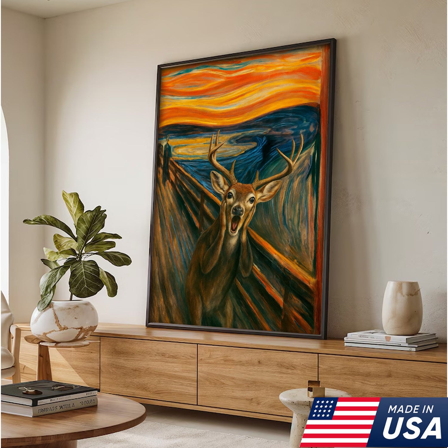 Funny Deer Wall Art Canvas – The Scream Parody Hunting Decor – Rustic Wildlife Home Decoration