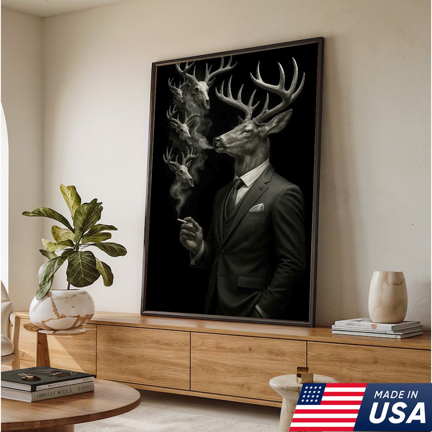 Gentleman Deer Canvas Wall Art, Elegant Buck in Suit Artwork, Rustic Cabin Decor for Hunters, Modern Wildlife Portrait Painting