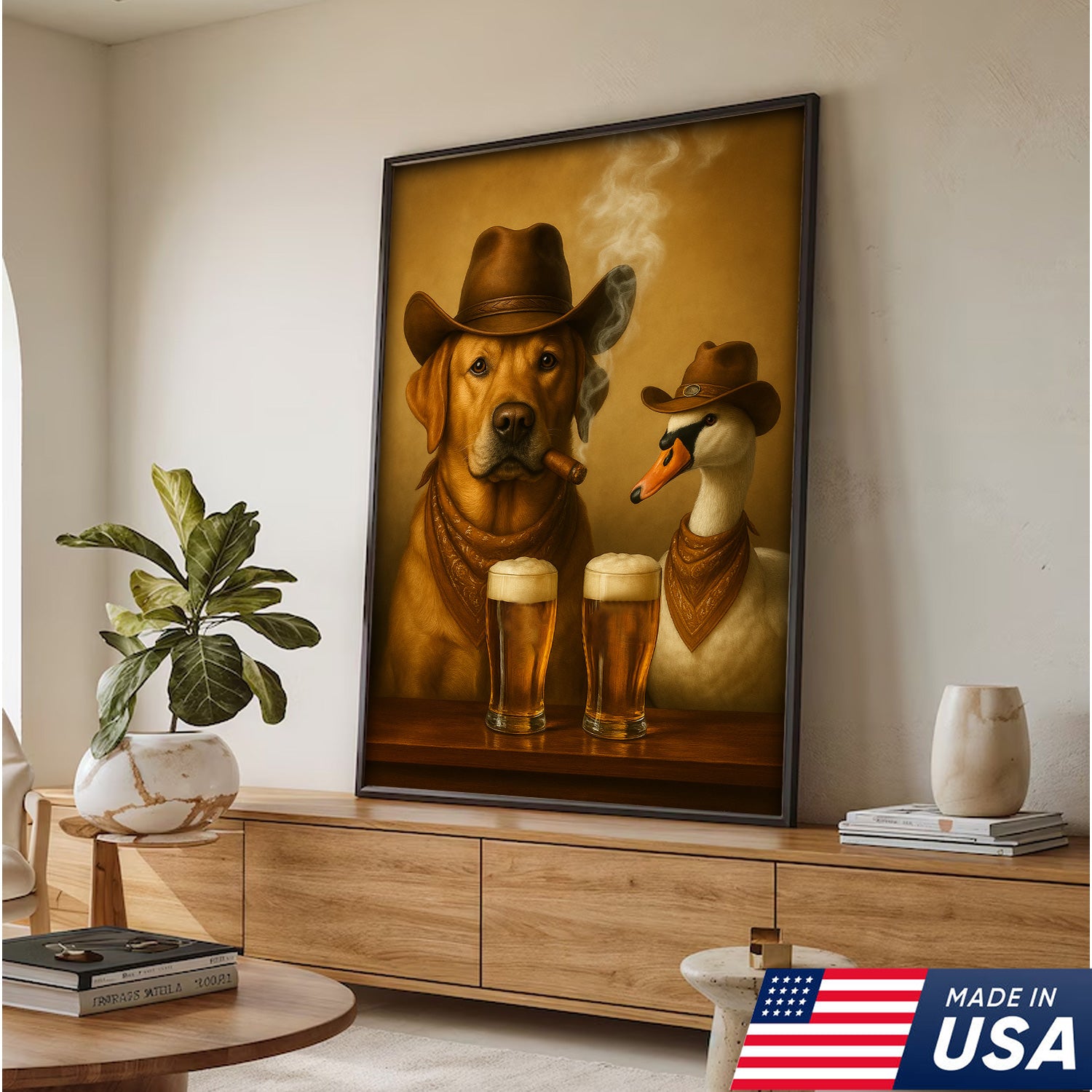 Funny Cowboy Dog & Geese Wall Art Canvas – Funny Beer & Smoking Canvas for Hunters, Cabin, Bar & Man Cave Decor