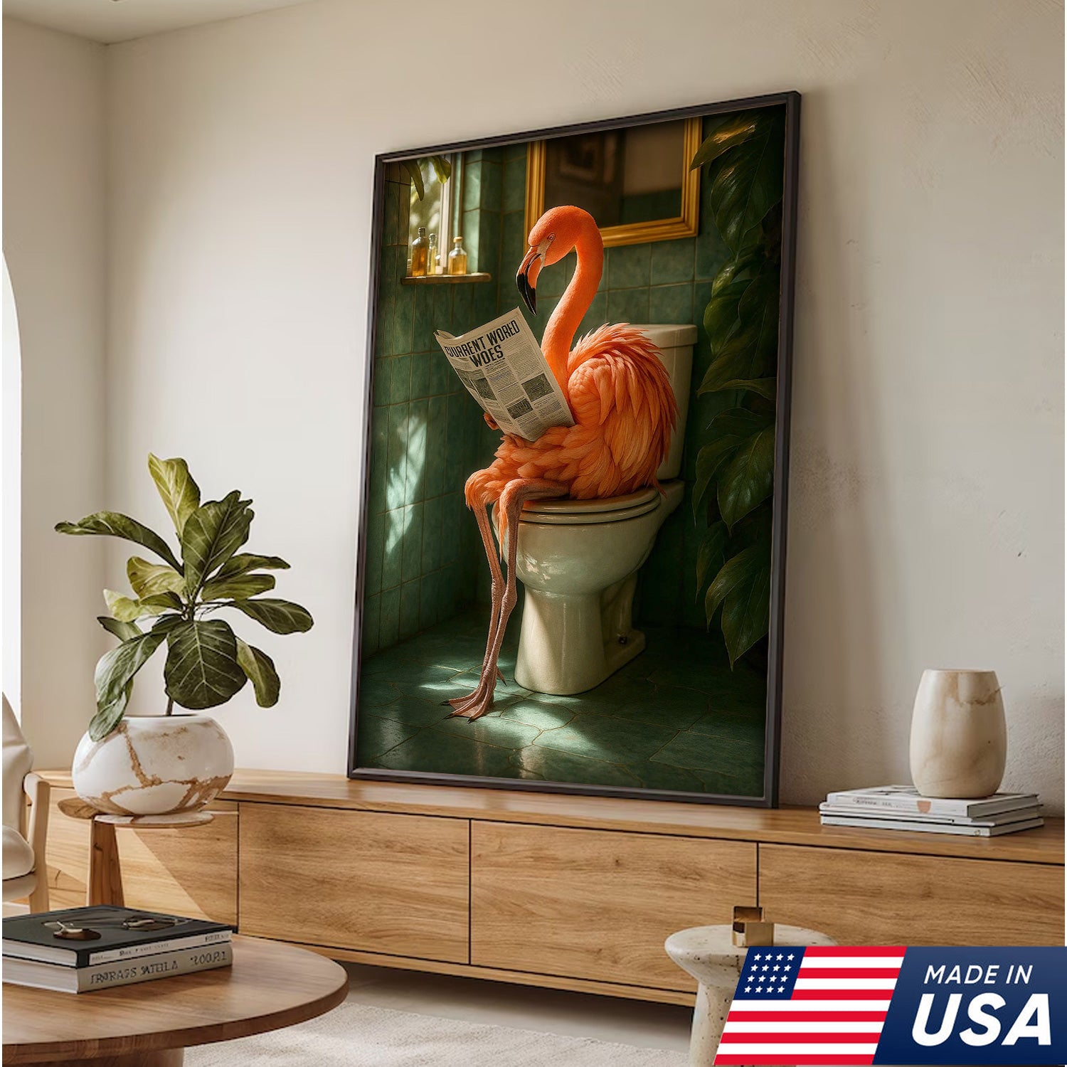 Funny Flamingo Bathroom Canvas Wall Art – Quirky Bird Reading Newspaper Print – Humorous Home Decor